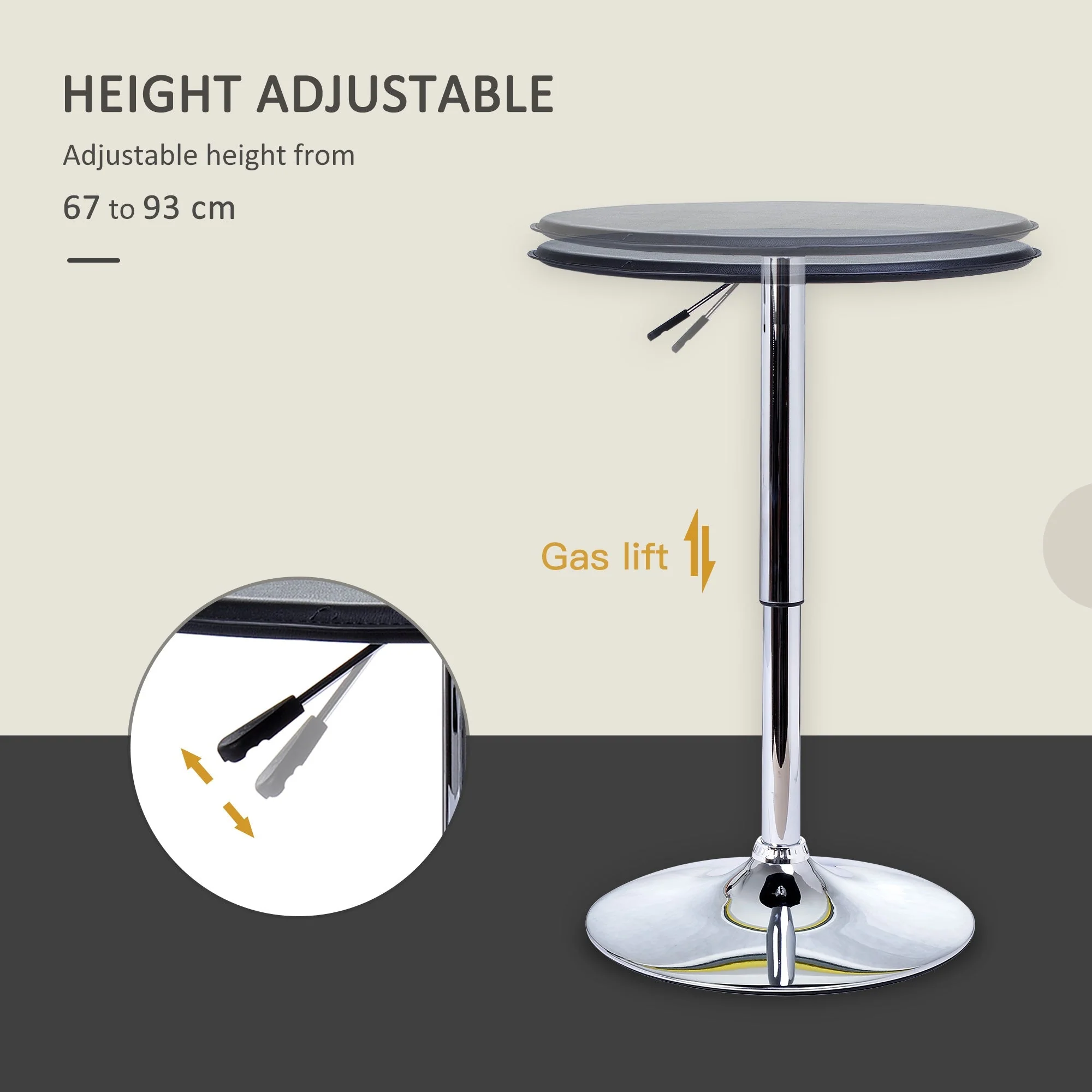 Adjustable Round Bistro Bar Table with PVC Leather Top Steel Base Home Kitchen Dining Desk Black - Image 4