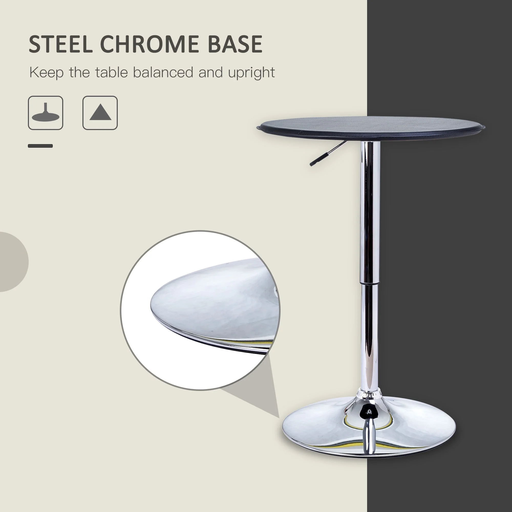 Adjustable Round Bistro Bar Table with PVC Leather Top Steel Base Home Kitchen Dining Desk Black - Image 6