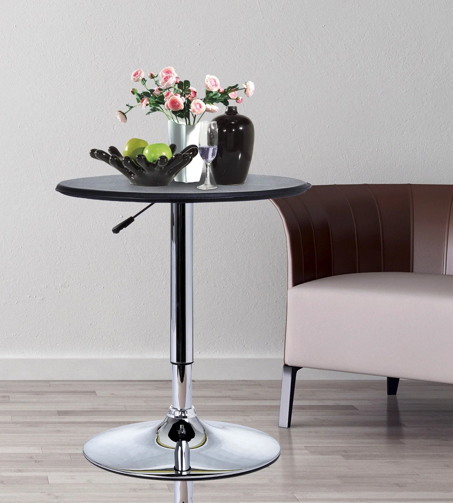 Adjustable Round Bistro Bar Table with PVC Leather Top Steel Base Home Kitchen Dining Desk Black - Image 7