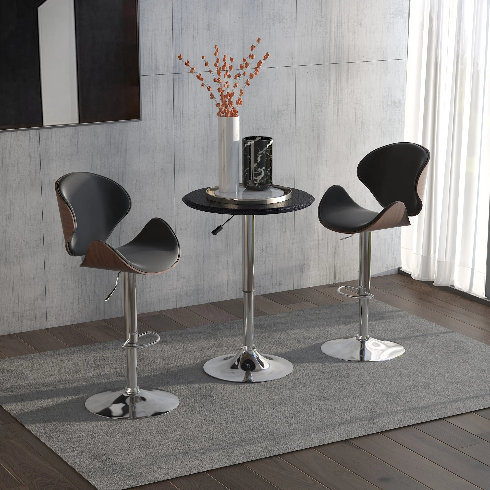 Adjustable Round Bistro Bar Table with PVC Leather Top Steel Base Home Kitchen Dining Desk Black - Image 9