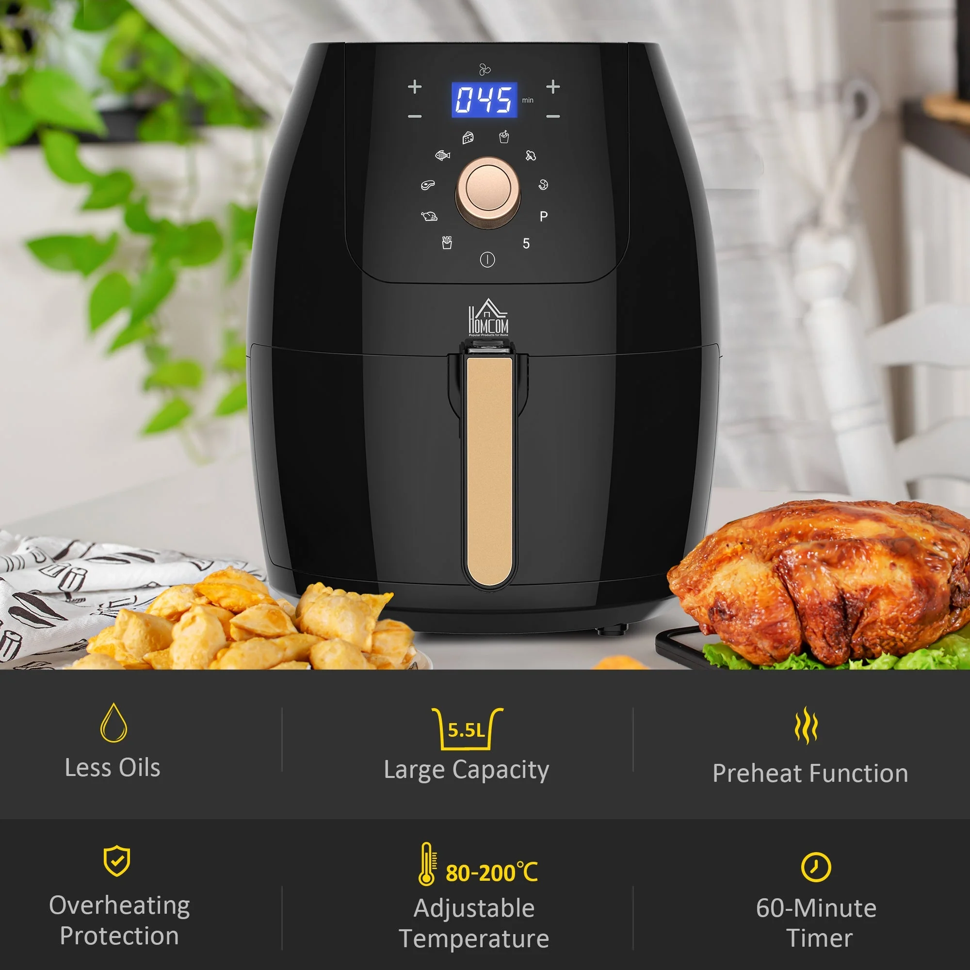 Air Fryers 1700W 5.5L with Digital Display Rapid Air Circulation System Adjustable Temperature 60 Min Timer for Healthy Oil Free Low Fat Cooking Nonstick Basket - Image 4