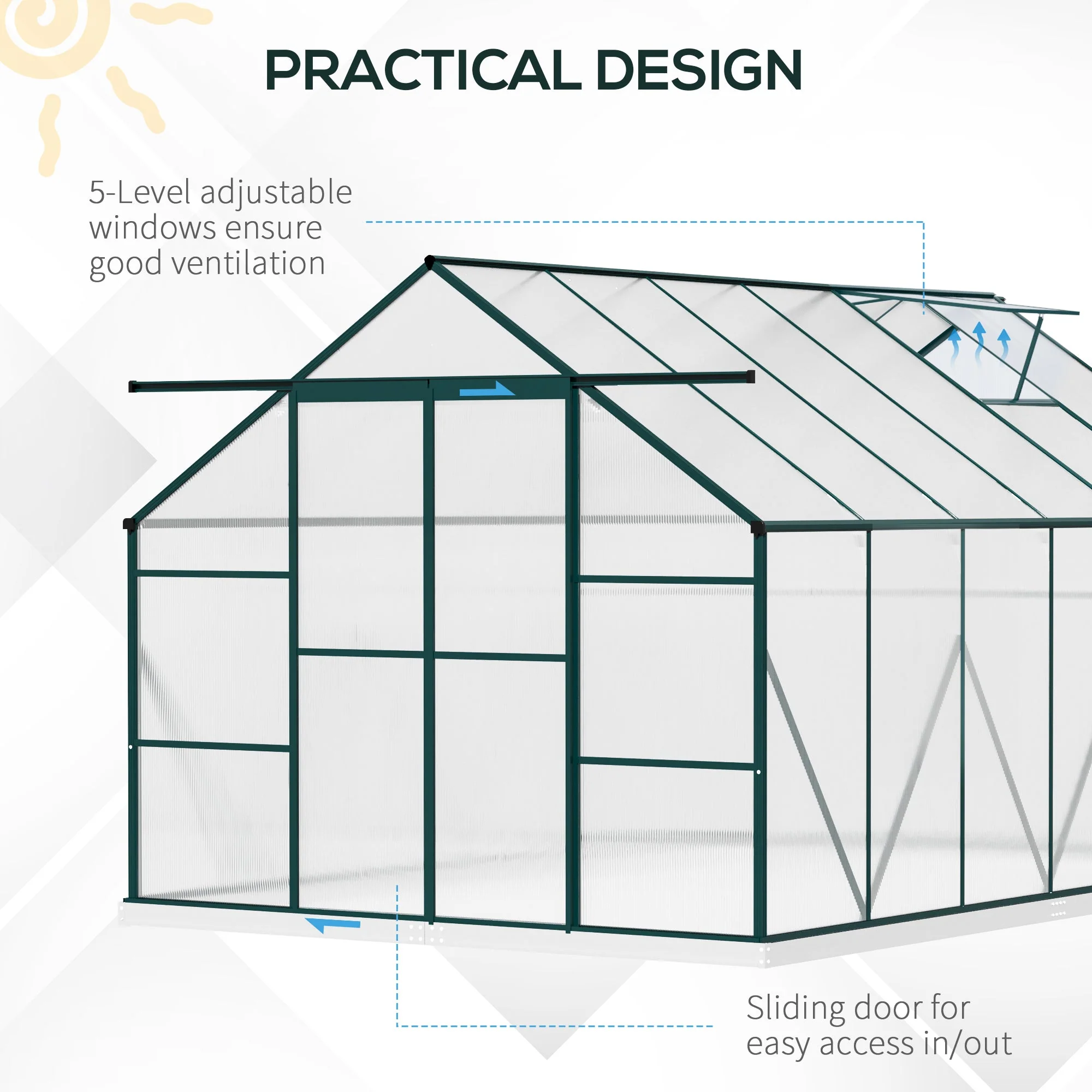 Aluminum Greenhouse Polycarbonate Walk-in Garden Greenhouse Kit with Adjustable Roof Vent - Image 4
