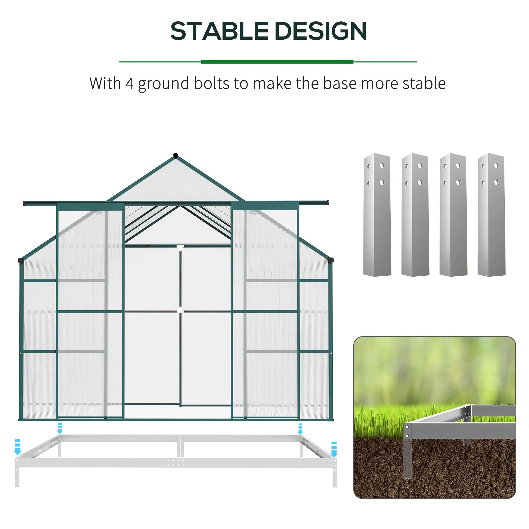 Aluminum Greenhouse Polycarbonate Walk-in Garden Greenhouse Kit with Adjustable Roof Vent - Image 5