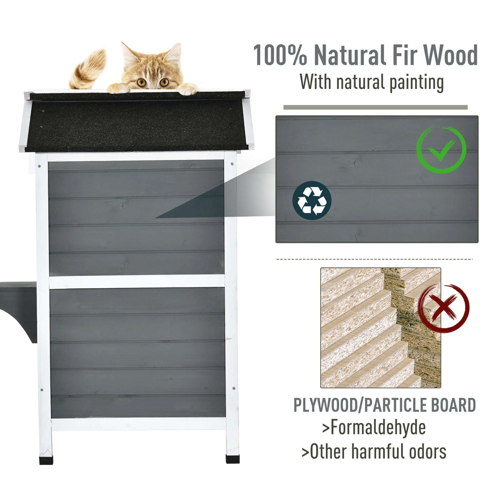 American Dream 91cm Cat House Fir Wood Grey & Black by Pawhut - Image 7