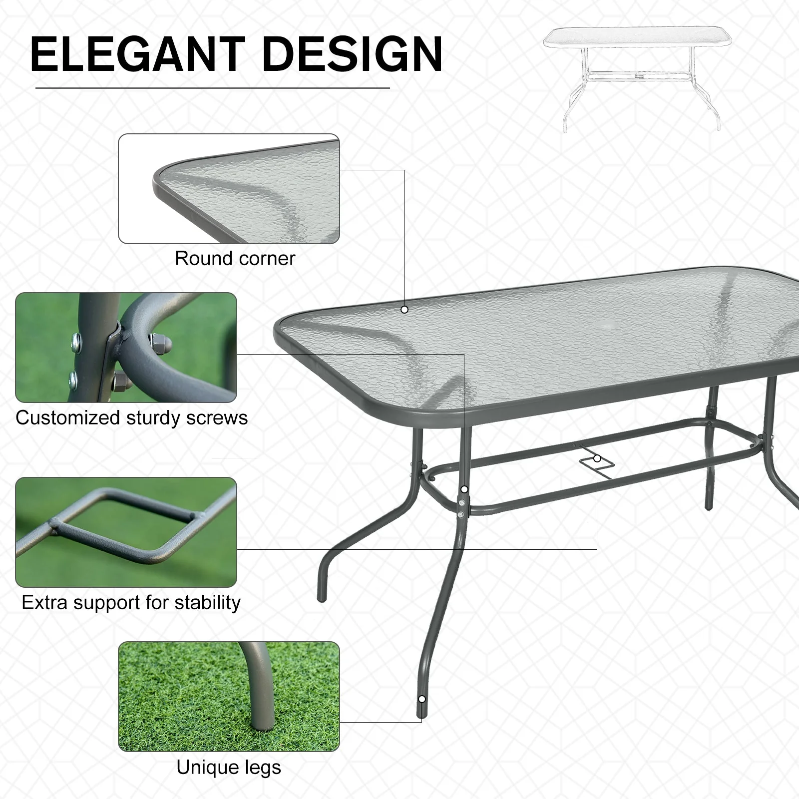 Aquatex Glass Garden Table Curved Metal Frame Parasol Hole 4 Legs Outdoor Grey - Image 4