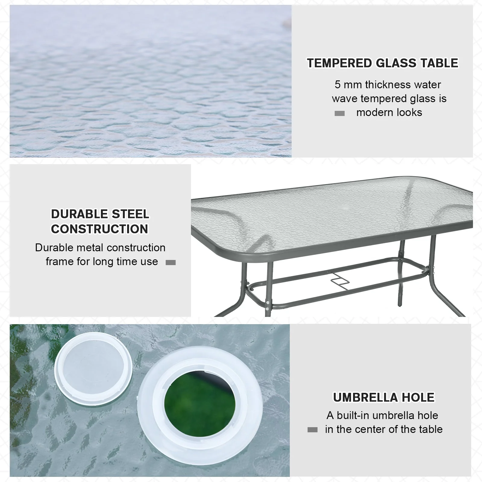Aquatex Glass Garden Table Curved Metal Frame Parasol Hole 4 Legs Outdoor Grey - Image 5