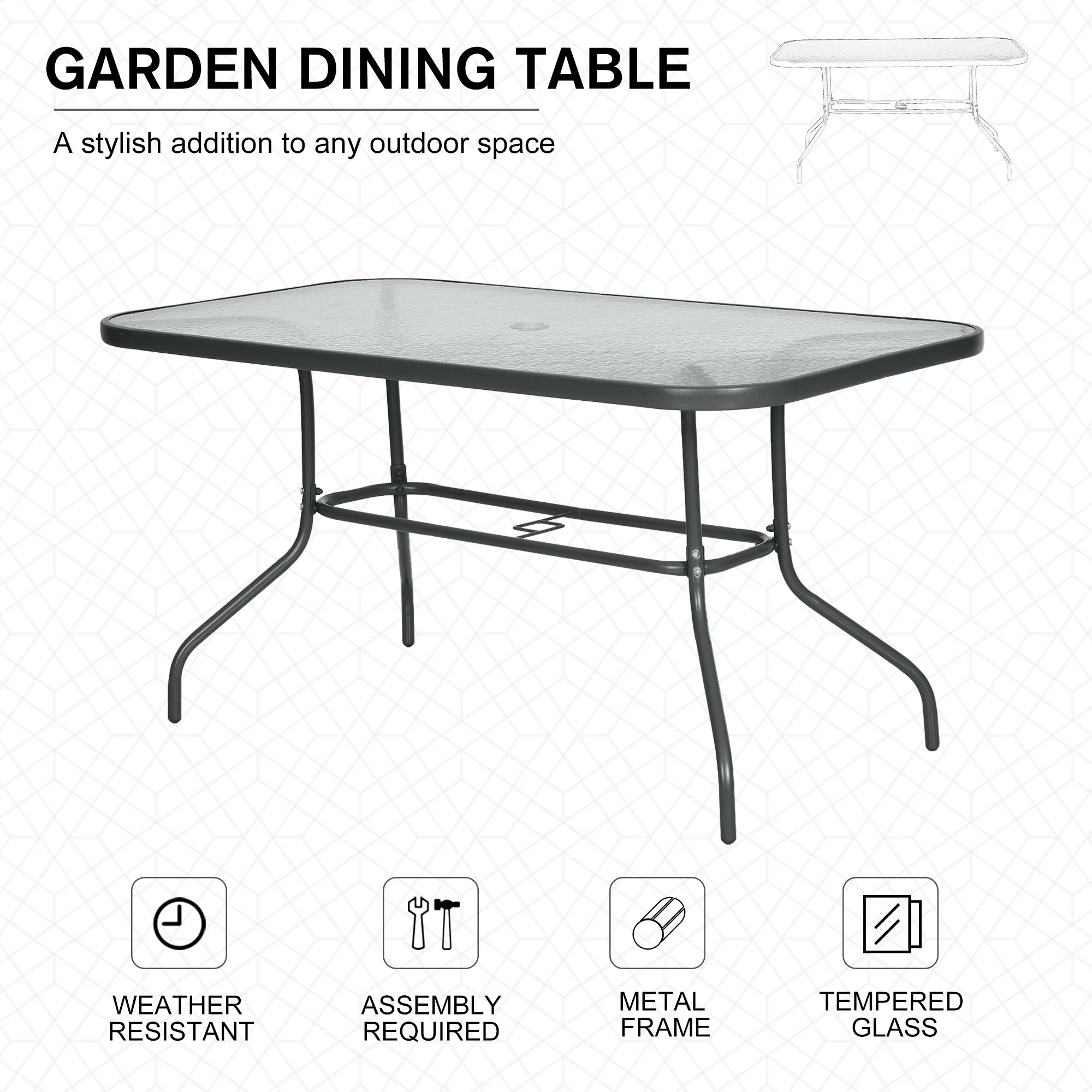 Aquatex Glass Garden Table Curved Metal Frame Parasol Hole 4 Legs Outdoor Grey - Image 6