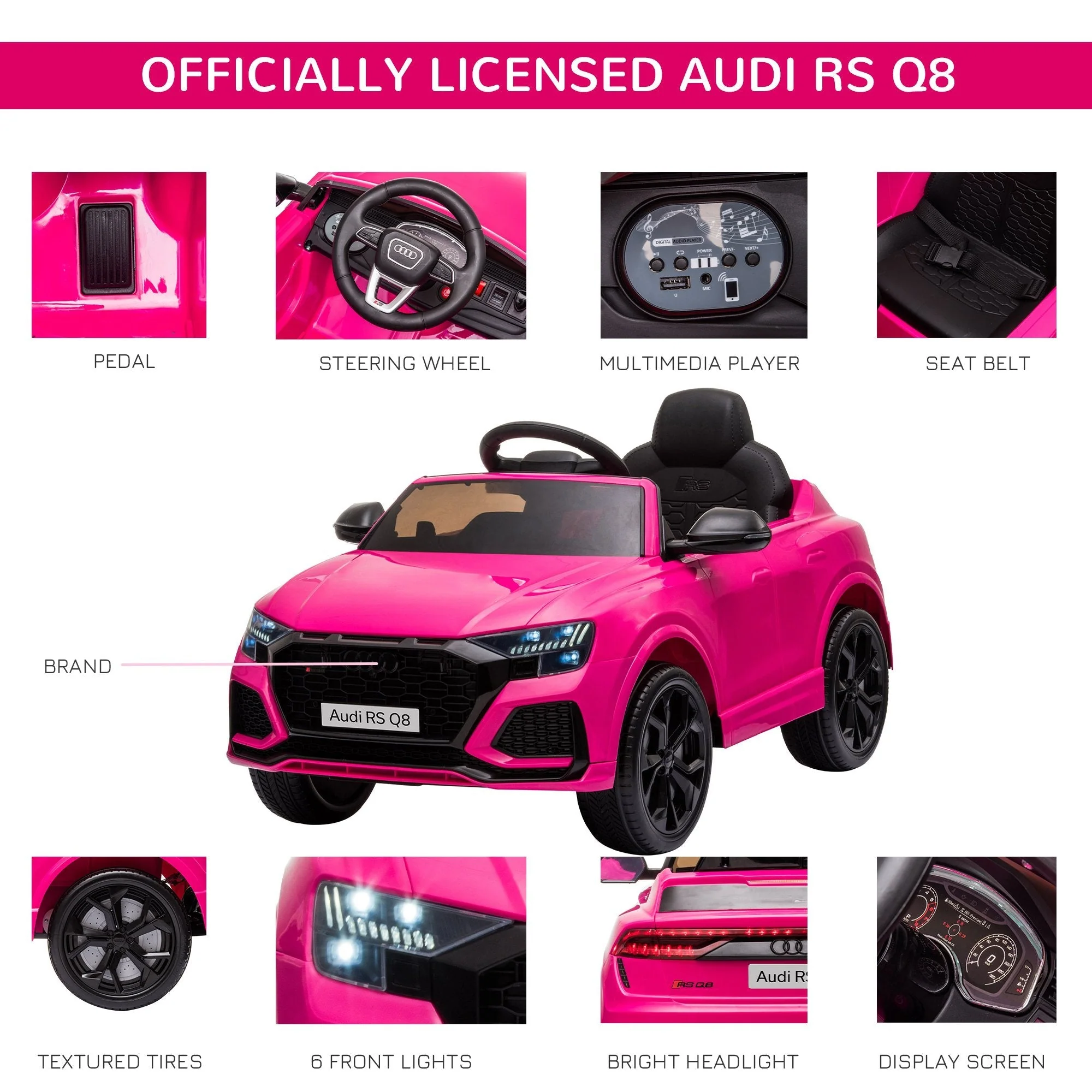 Audi RS Q8 6V Kids Electric Ride On Car Toy w/ Remote USB MP3 Bluetooth Pink - Image 7