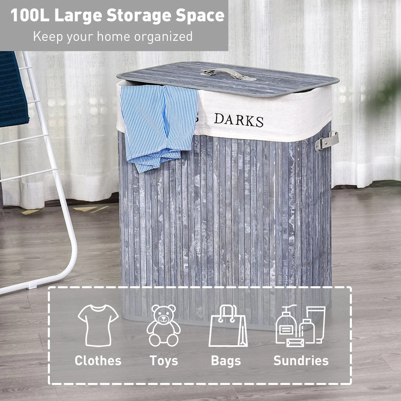 Bamboo Duo-Compartment Laundry Basket Grey - Image 4