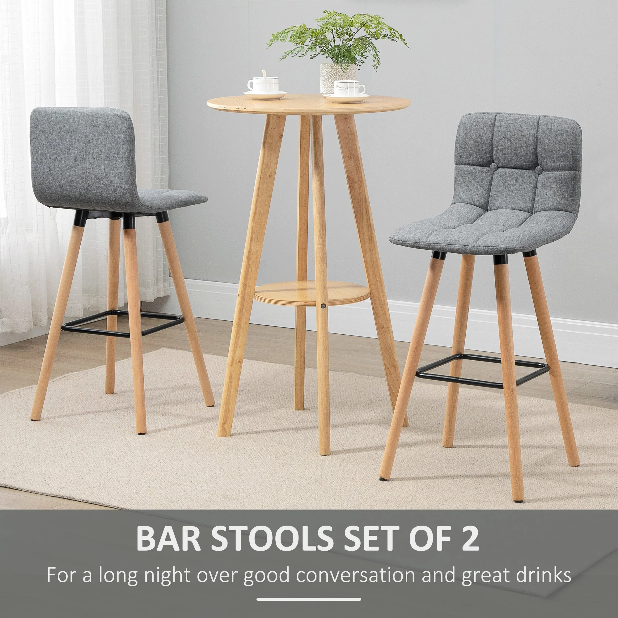 Bar stool Set of 2 Armless Button-Tufted Counter Height Bar Chairs with Wood Legs & Footrest - Image 4