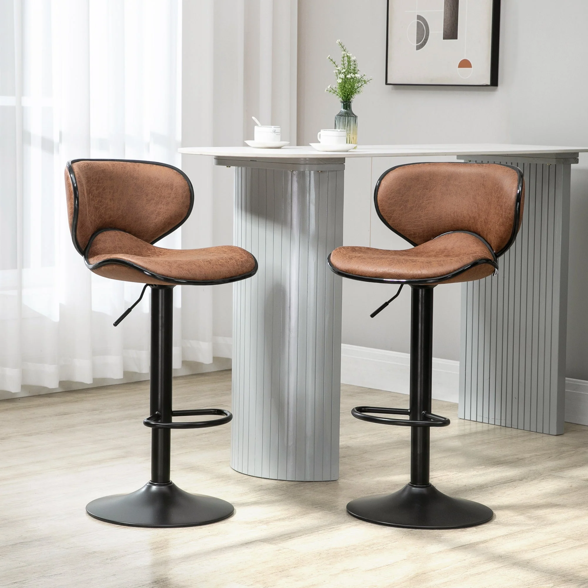 Bar Stool Set of 2 Microfiber Cloth Adjustable Height Armless Chairs with Swivel Seat - Image 2