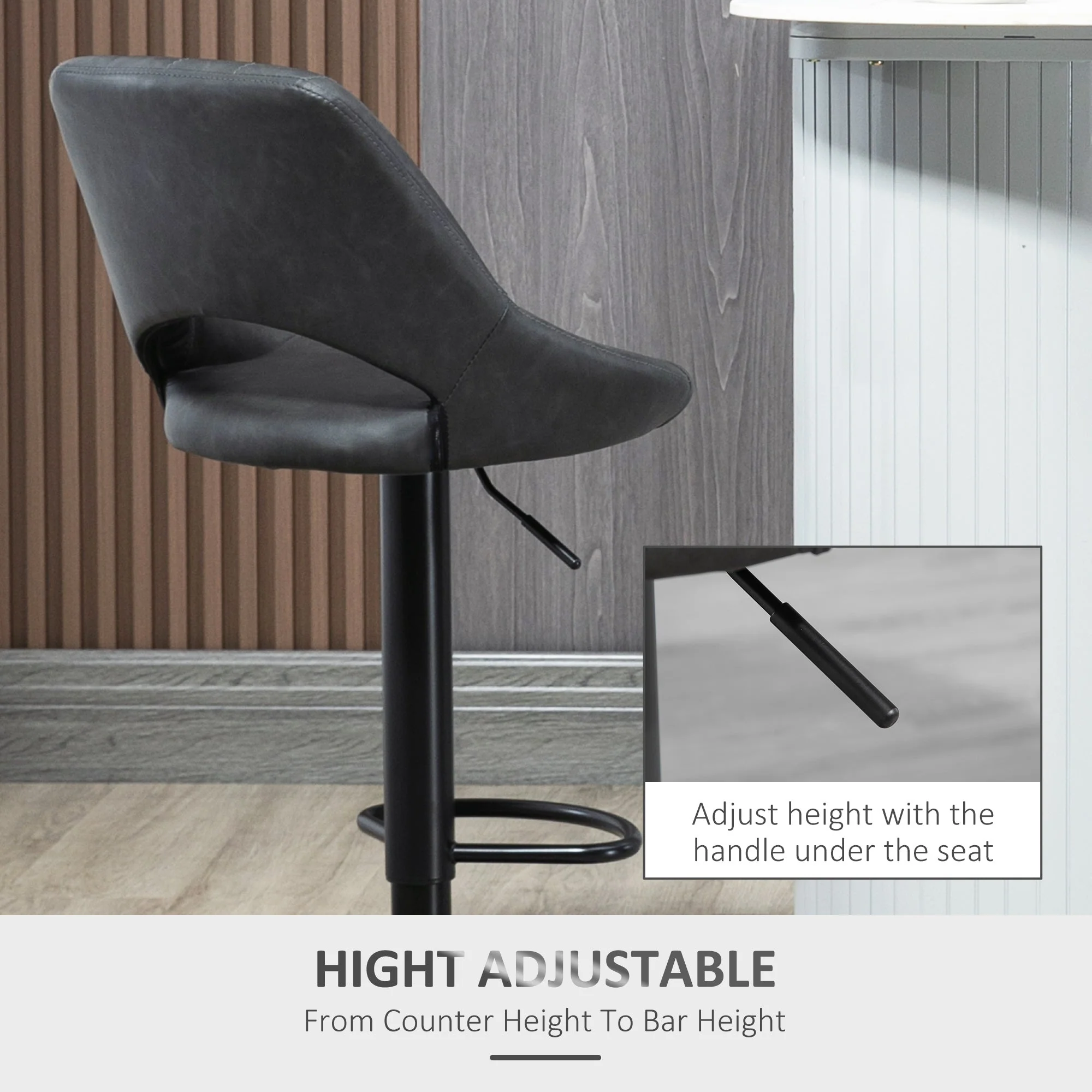 Barstools Set of 2 Adjustable Swivel Height Gas Lift PU Leather Counter Chairs with Footrest - Image 5