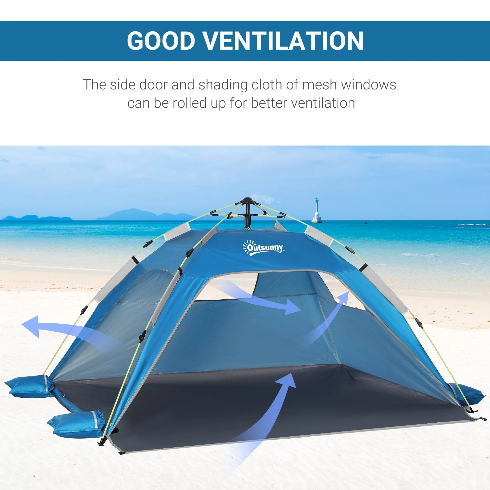 Beach Tent for 1-2 Person Pop-up Design with 2 Mesh Windows & 2 Doors Sky Blue - Image 6