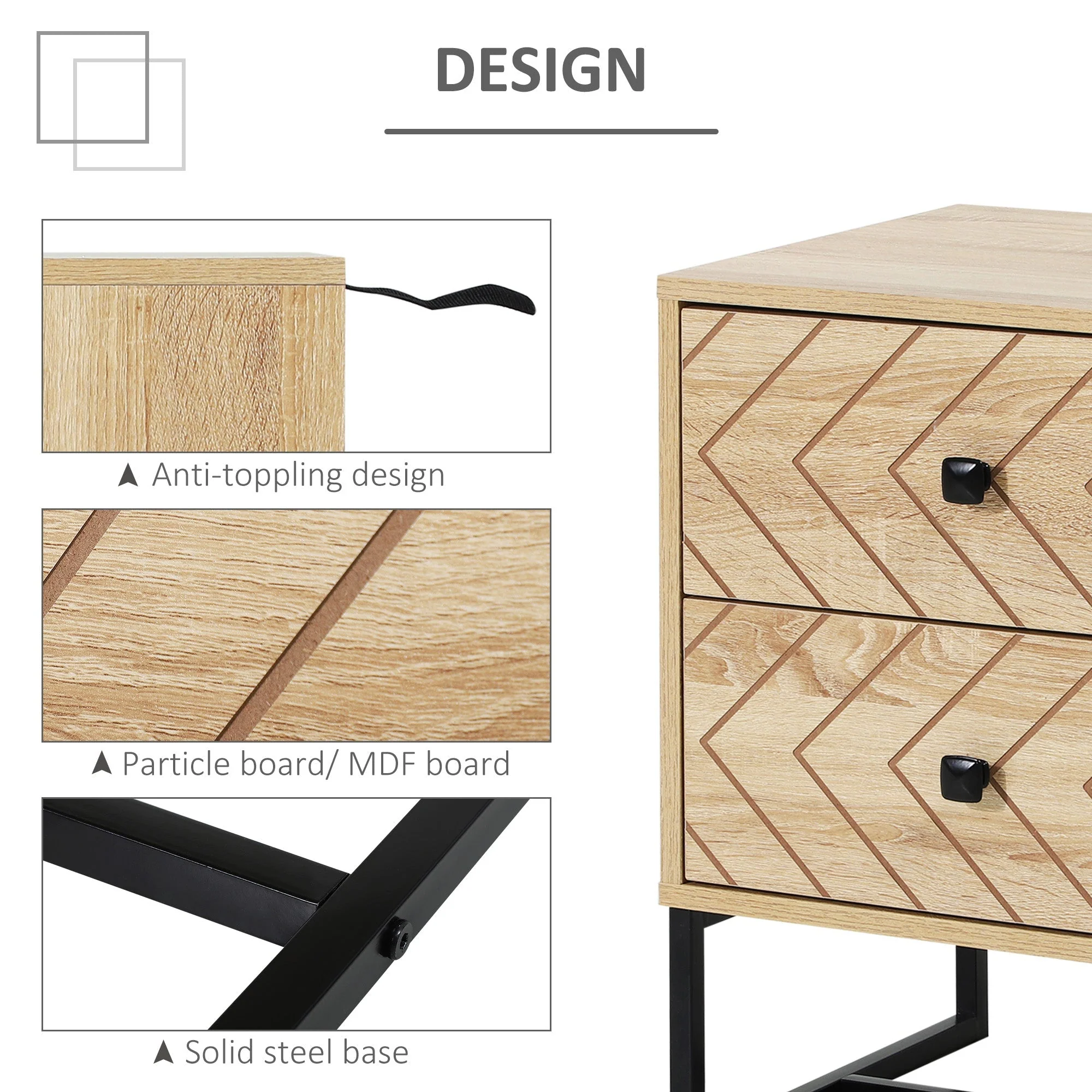 Bedside Table 2 Drawer Unit Zig Zag Design Nightstand w/ Black Metal Handles Melamine Finish - Image 5