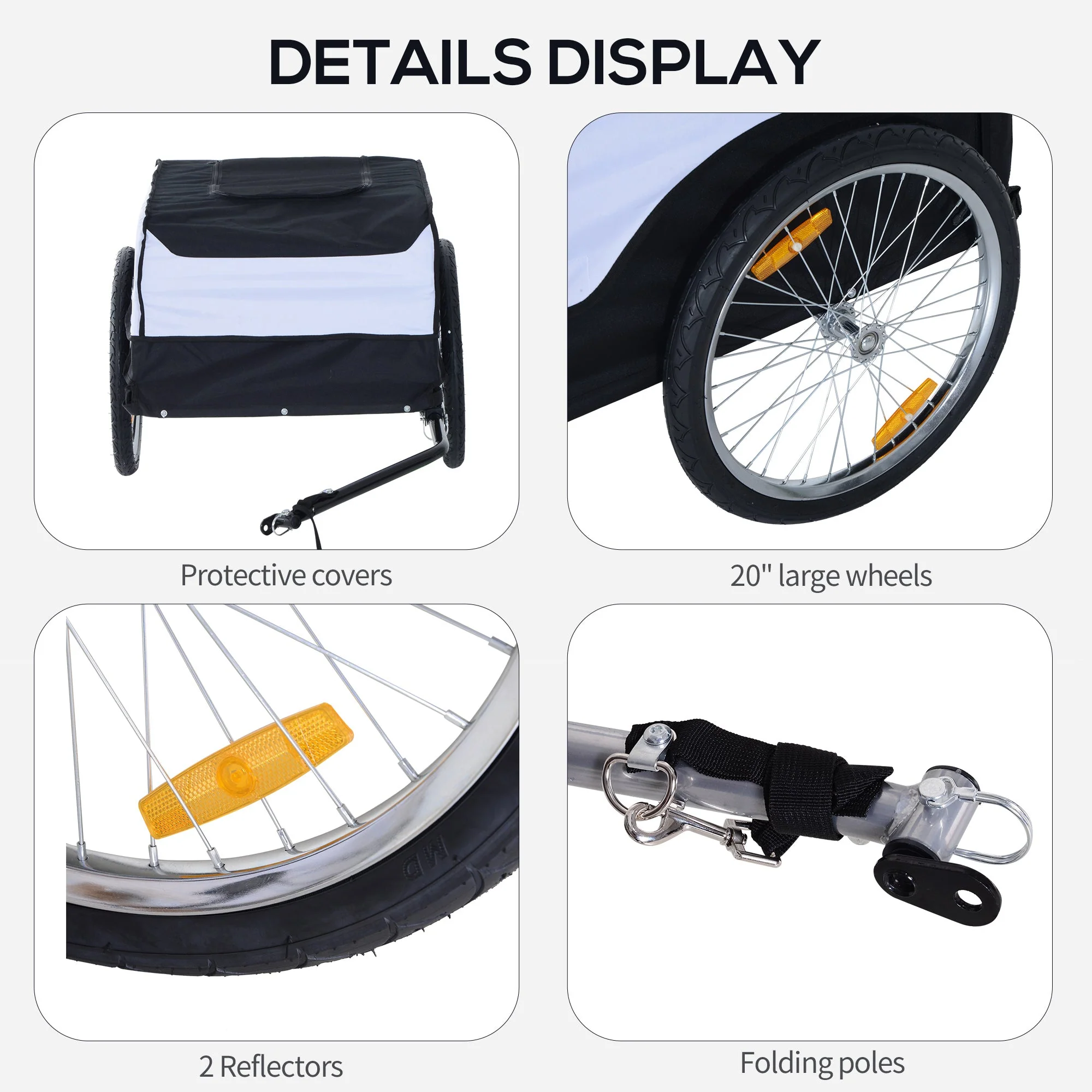 Bike Trailer Cargo in Steel Frame Extra Bicycle Storage Carrier with Removable Cover and Hitch White and Black - Image 6