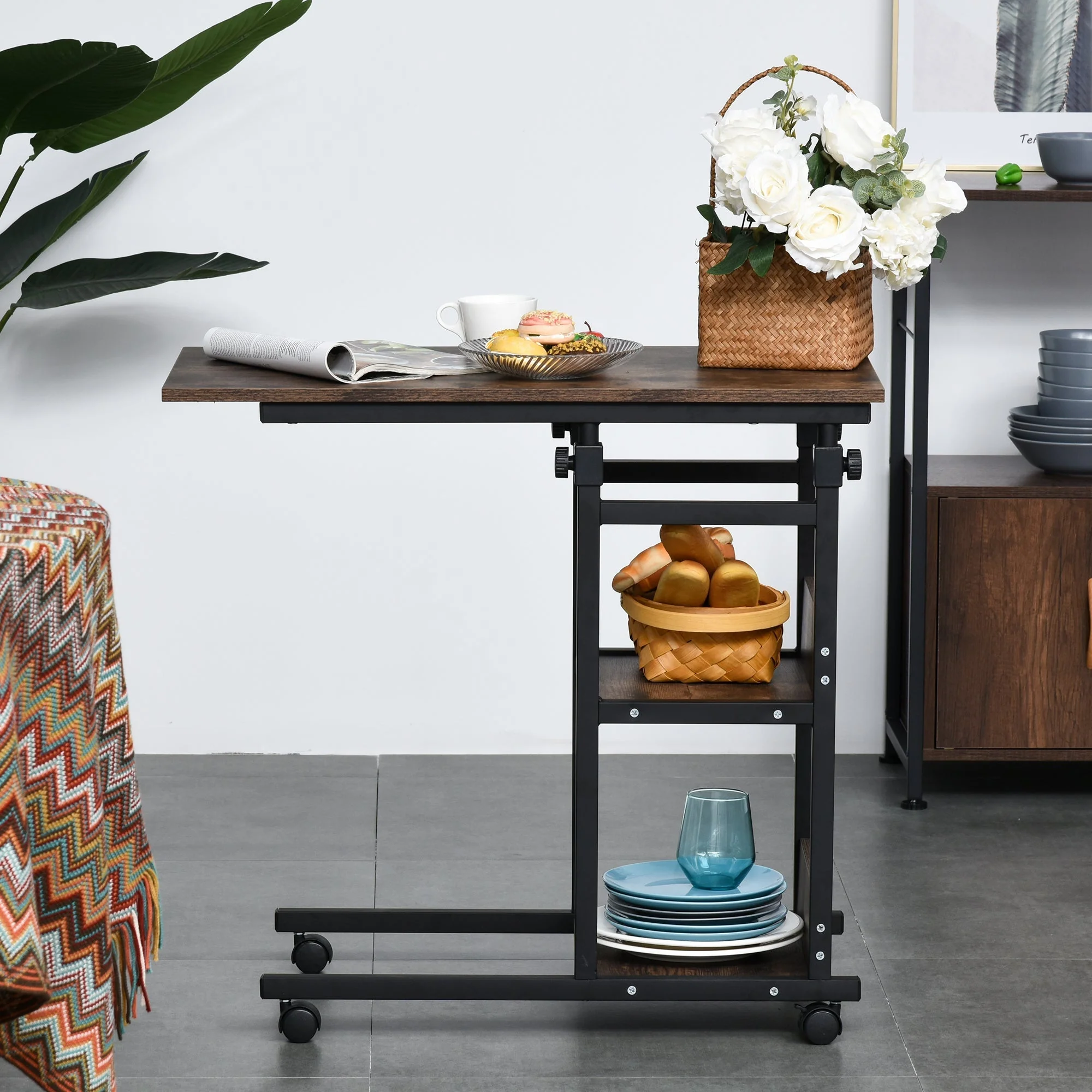 C-Shaped Side Table Industrial Mobile Rolling End Desk with 3-Tier Storage Shelving - Image 4