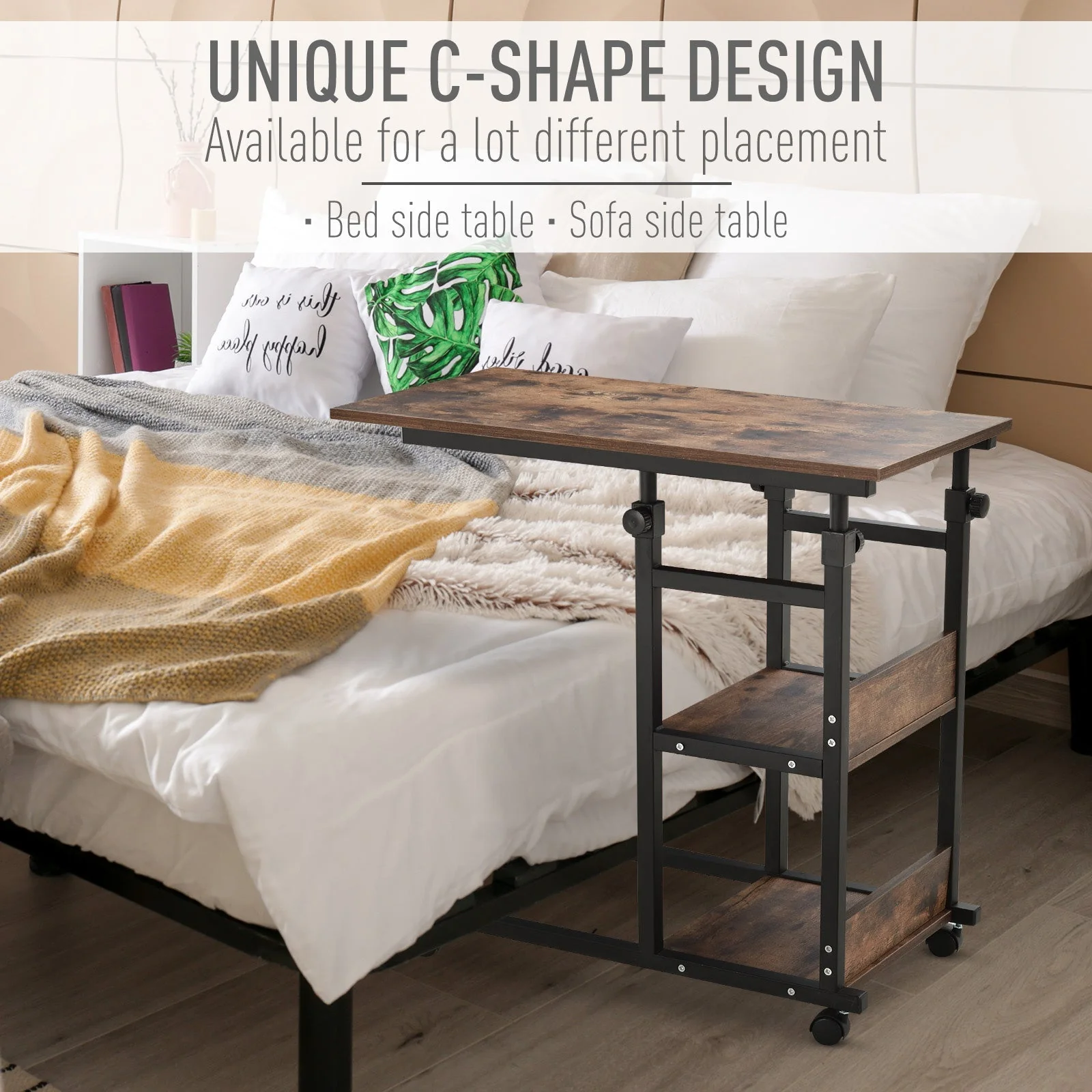 C-Shaped Side Table Industrial Mobile Rolling End Desk with 3-Tier Storage Shelving - Image 5