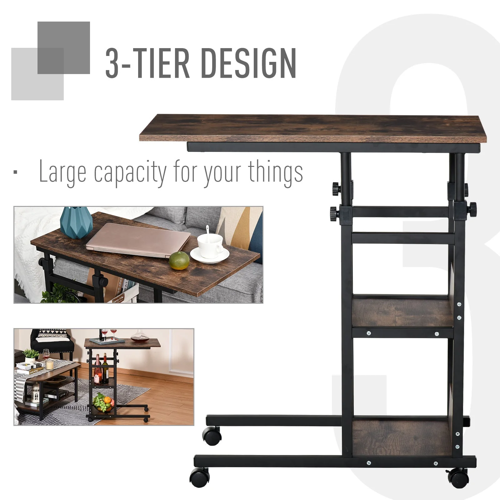 C-Shaped Side Table Industrial Mobile Rolling End Desk with 3-Tier Storage Shelving - Image 6