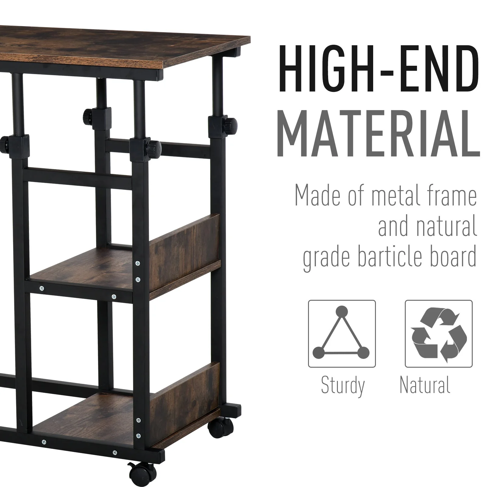 C-Shaped Side Table Industrial Mobile Rolling End Desk with 3-Tier Storage Shelving - Image 8