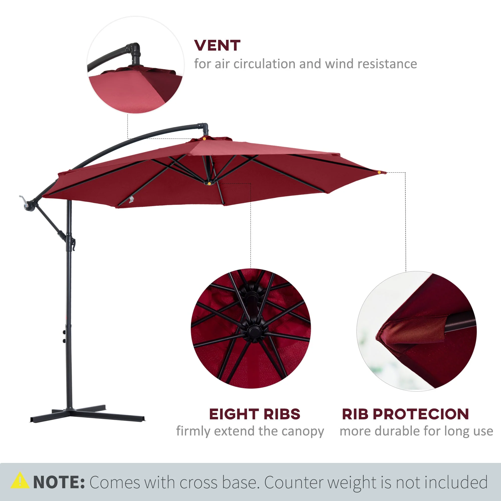 Cantilever Umbrella Parasol Hanging Banana Steel Dark Green 3M Patio Wine Red - Image 5