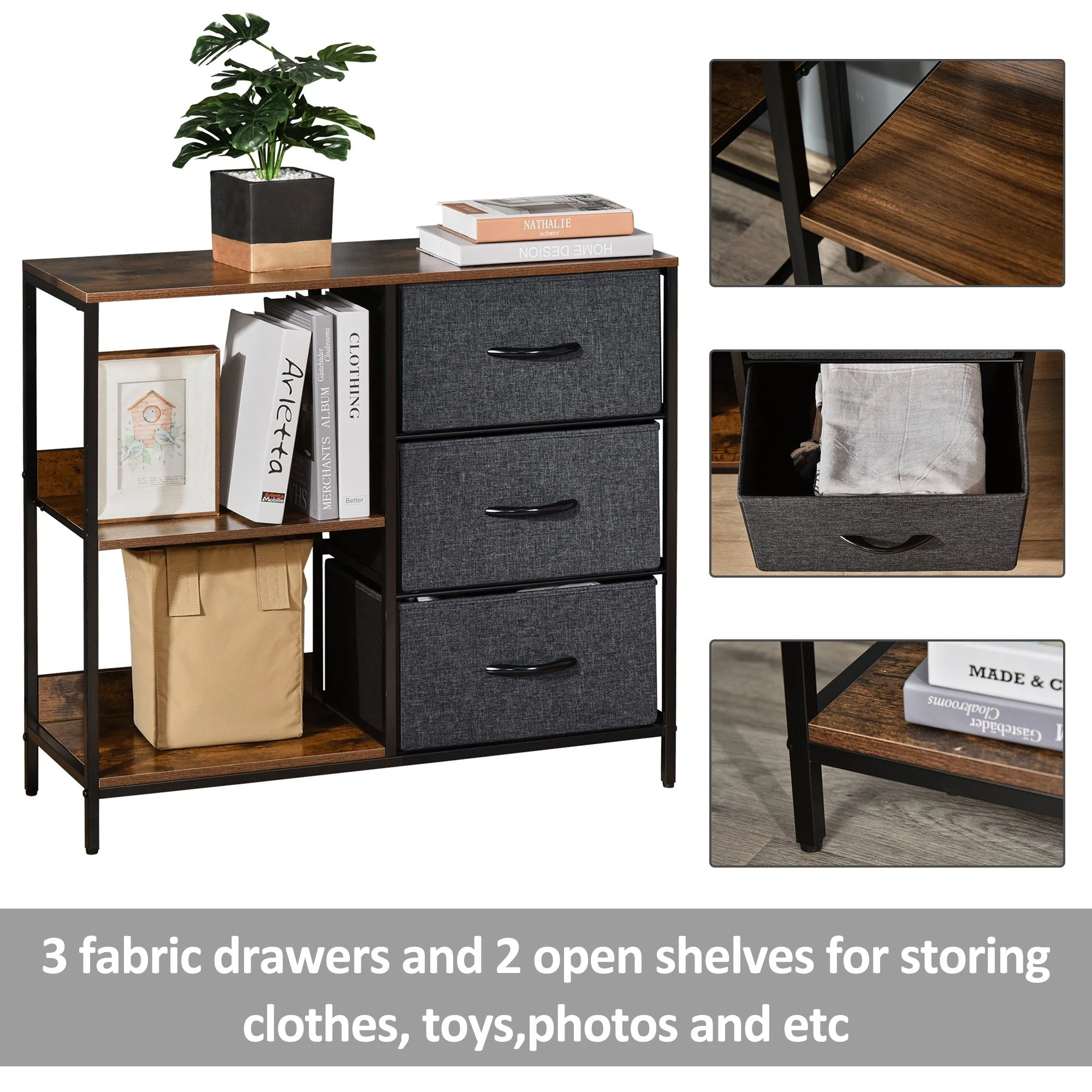 Chest of Drawers Storage Dresser Cabinet Organizer with 3 Fabric Drawers and 2 Display Shelves for Living Room - Image 4