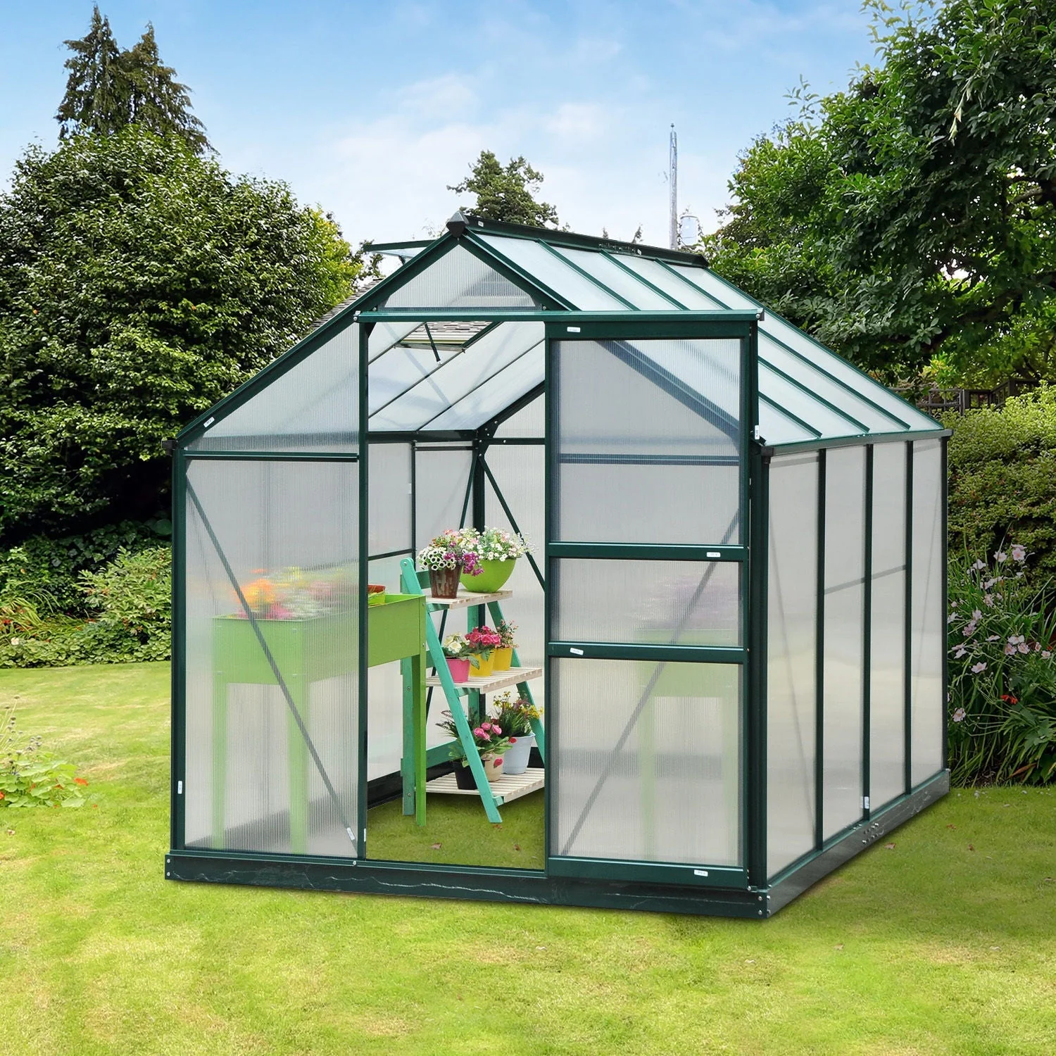 Clear Polycarbonate Greenhouse Large Walk-In Green House Garden Plants Grow Galvanized Base Aluminium Frame w/ Slide Door 6 x 8ft - Image 2