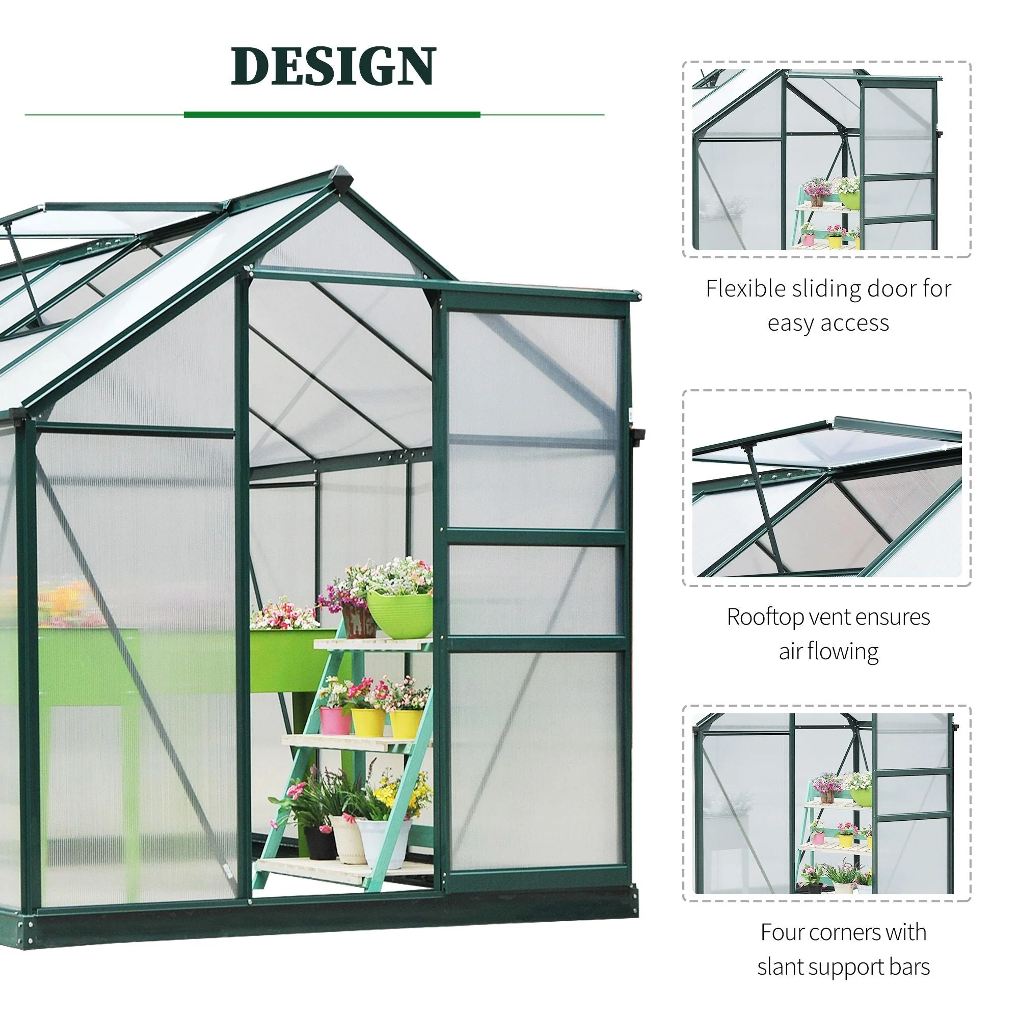 Clear Polycarbonate Greenhouse Large Walk-In Green House Garden Plants Grow Galvanized Base Aluminium Frame w/ Slide Door 6 x 8ft - Image 5