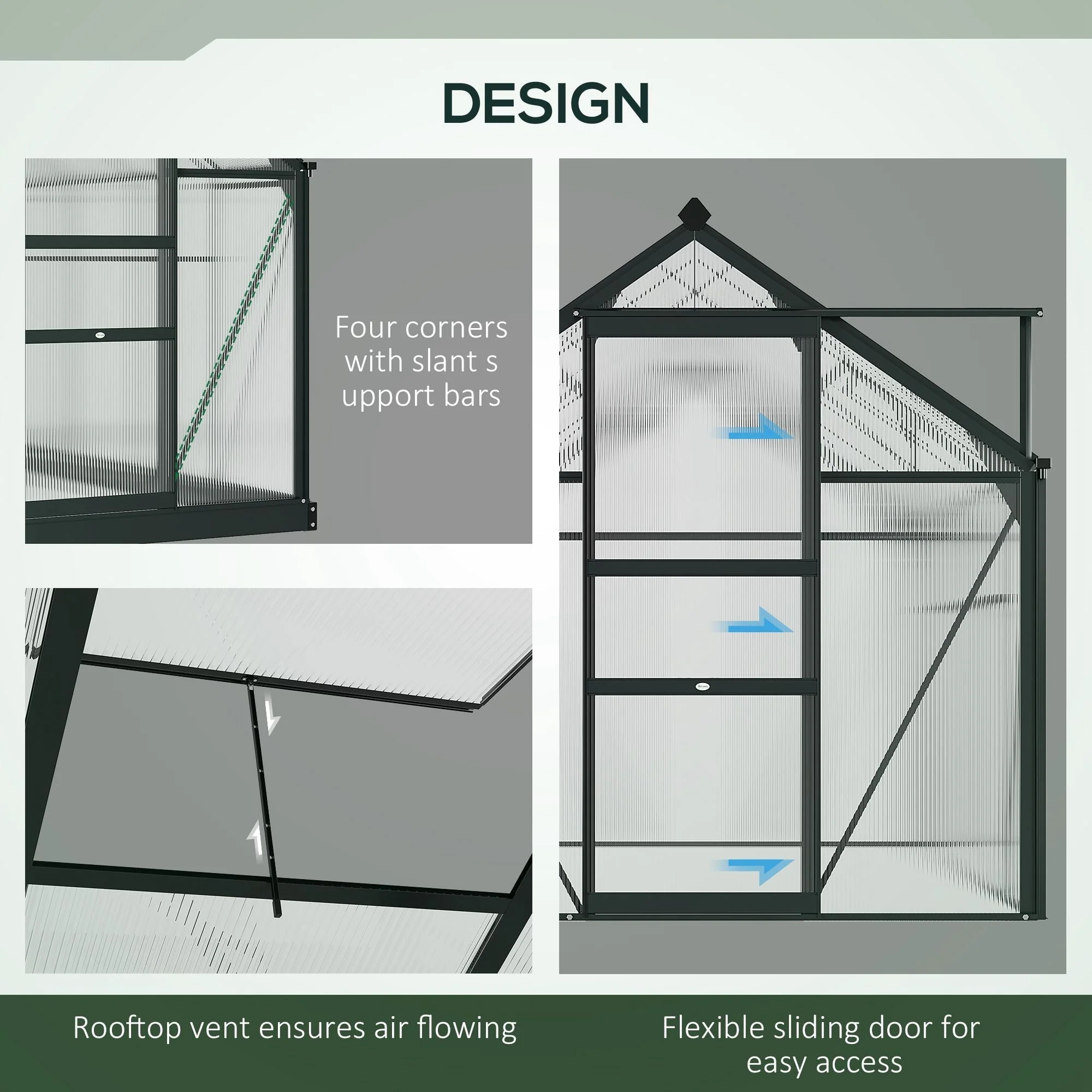Clear Polycarbonate Greenhouse Large Walk-In Green House Garden Plants Grow Galvanized Base Aluminium Frame with Slide Door - Image 6