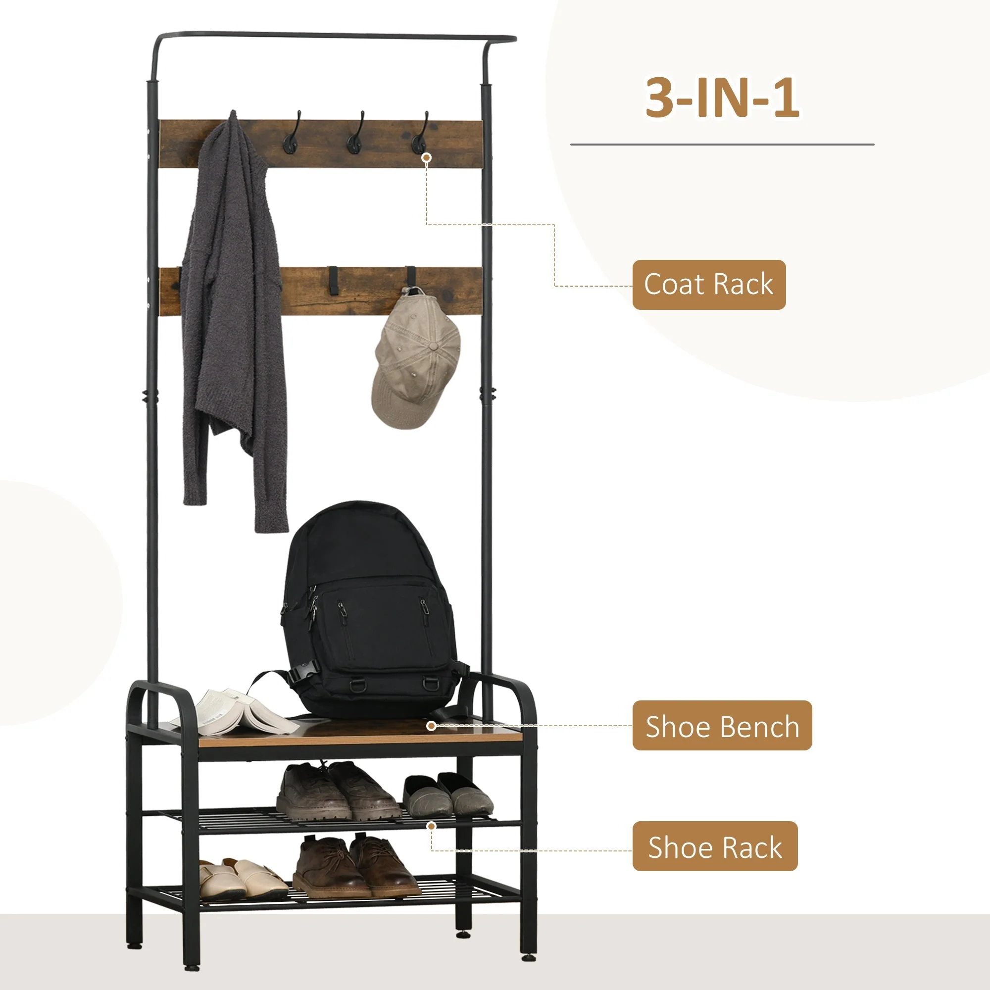 Coat Rack Stand Industrial hallway Shoe Rack Removable Hooks Metal Wood Hangers Storage Cabinet Rustic Brown 72L×34W×185Hcm - Image 4