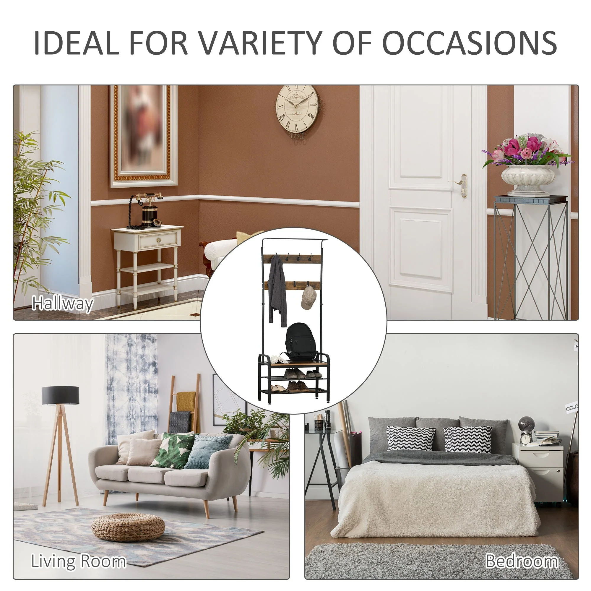 Coat Rack Stand Industrial hallway Shoe Rack Removable Hooks Metal Wood Hangers Storage Cabinet Rustic Brown 72L×34W×185Hcm - Image 8