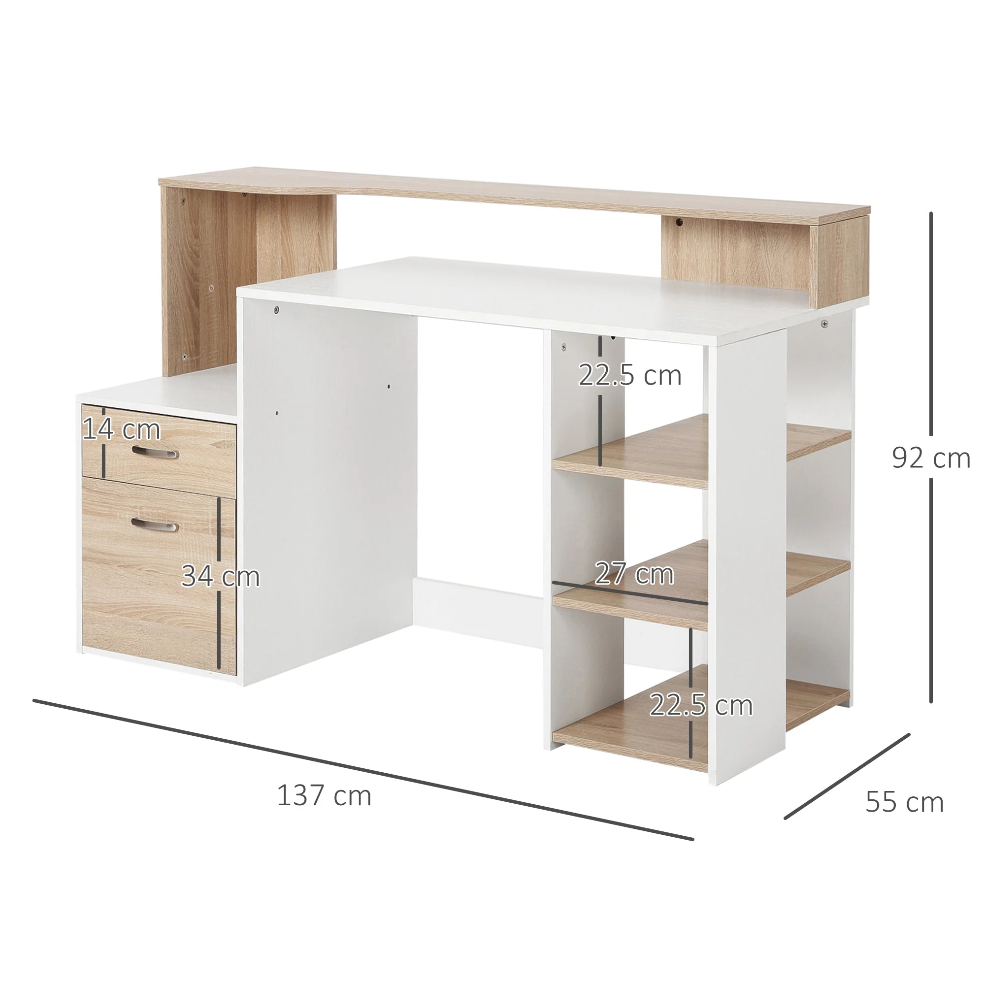 Computer Desk PC Table Modern Home Office Writing Workstation Furniture Printer Shelf Rack w/ Storage Drawer & Shelves Oak and white - Image 2