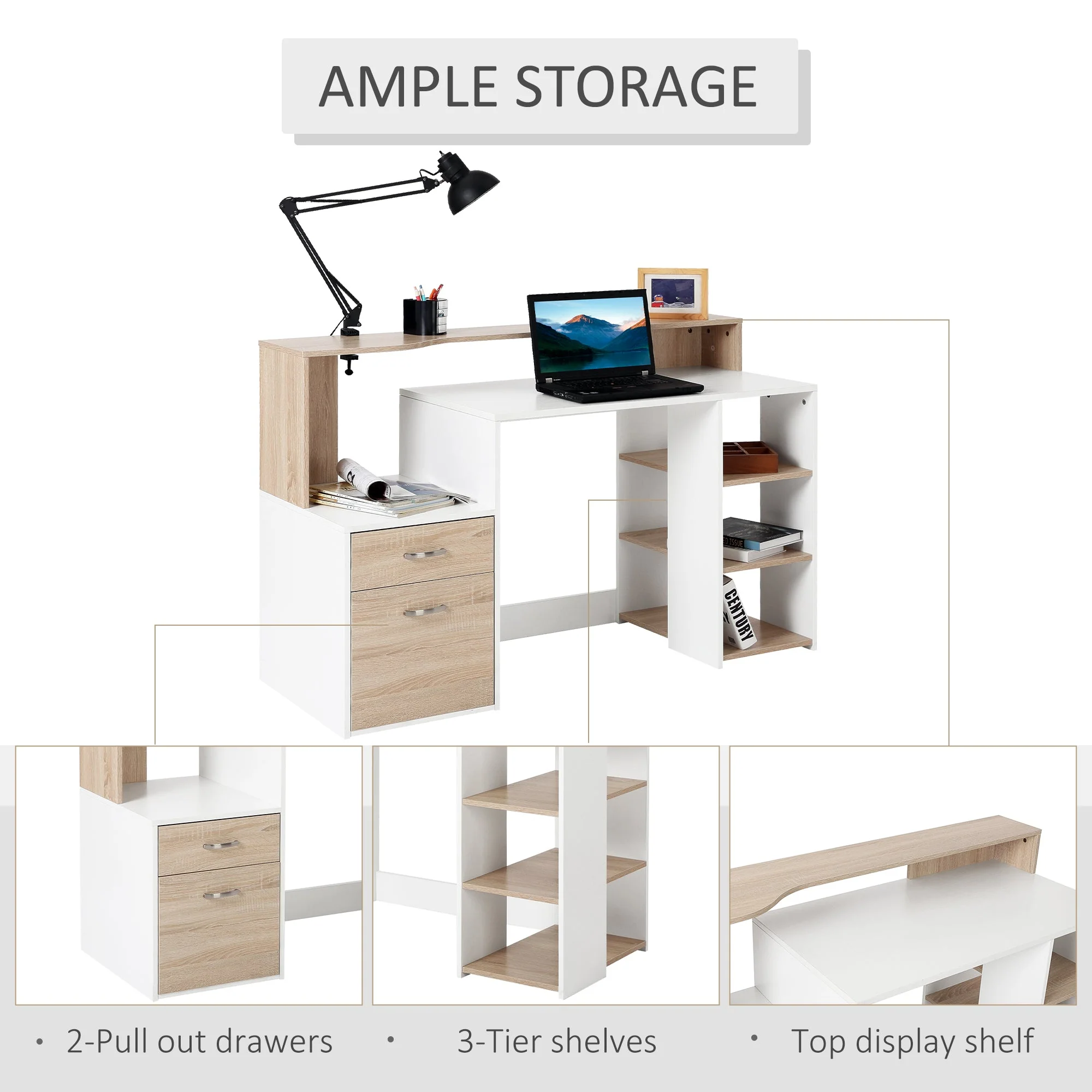 Computer Desk PC Table Modern Home Office Writing Workstation Furniture Printer Shelf Rack w/ Storage Drawer & Shelves Oak and white - Image 4