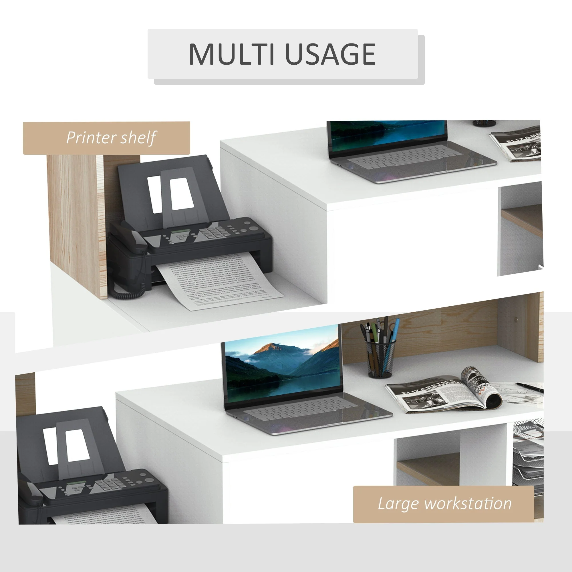 Computer Desk PC Table Modern Home Office Writing Workstation Furniture Printer Shelf Rack w/ Storage Drawer & Shelves Oak and white - Image 6