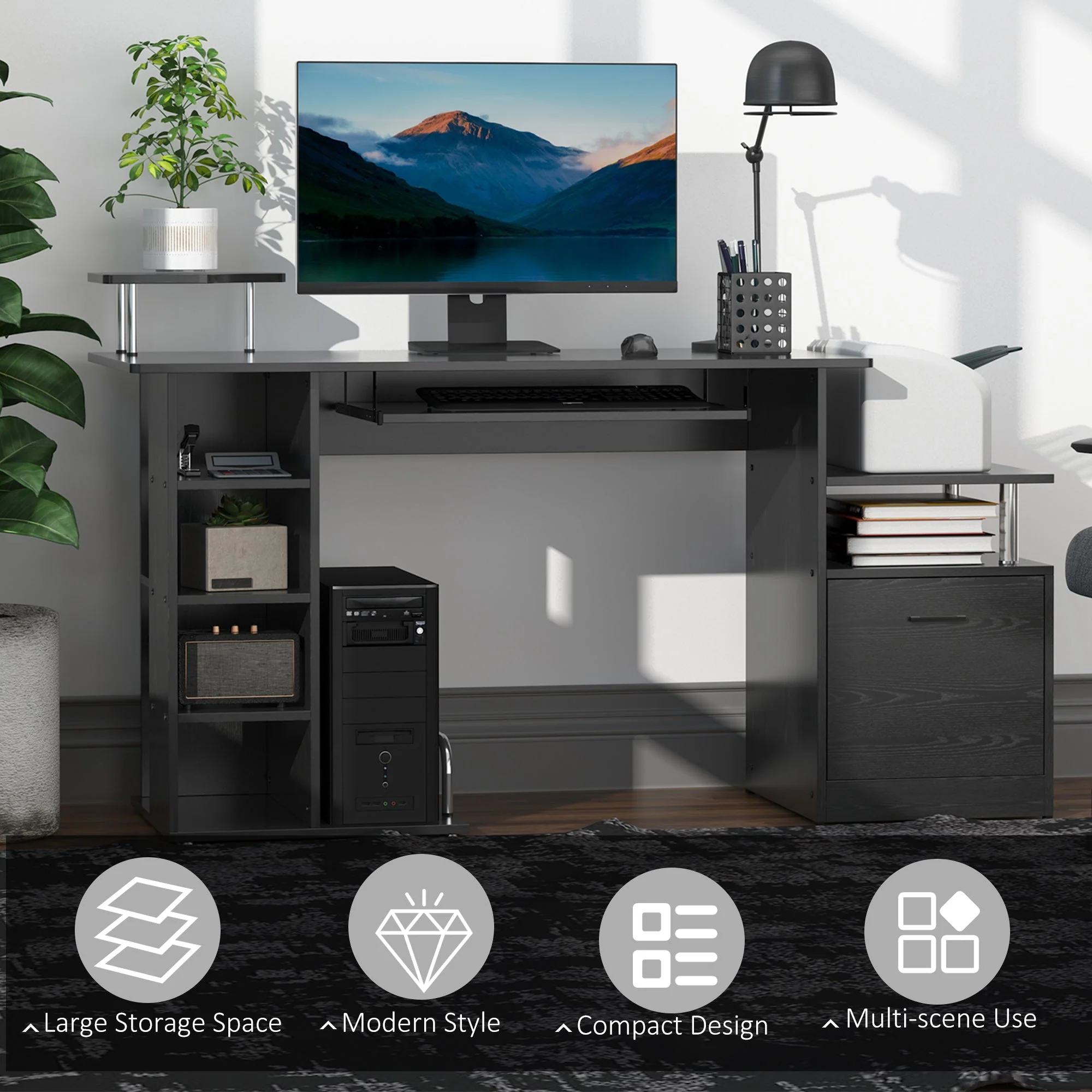 Computer Desk PC Workstation with Drawer Shelves CPU Storage Rack Home Office Furniture BLACK - Image 6