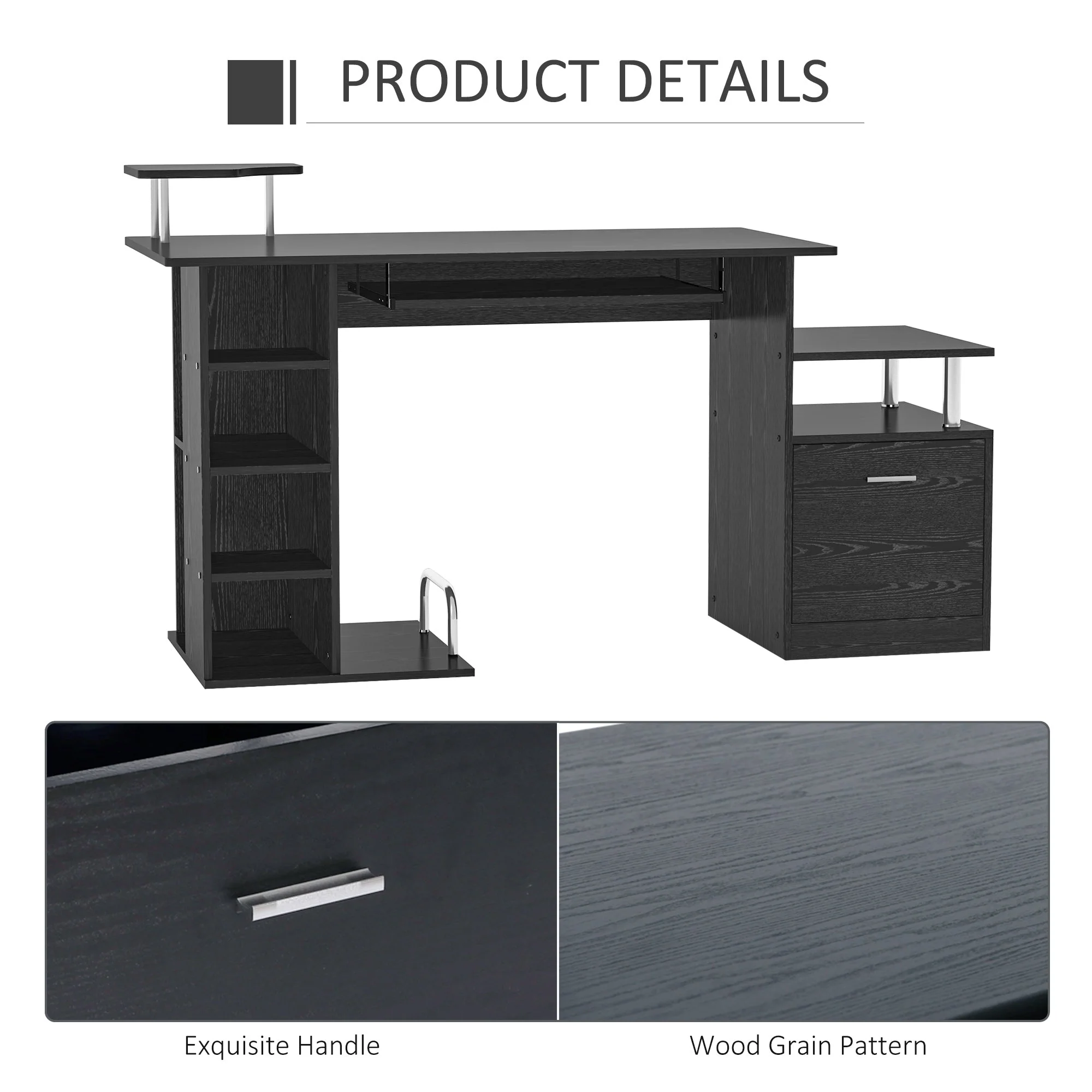 Computer Desk PC Workstation with Drawer Shelves CPU Storage Rack Home Office Furniture BLACK - Image 8