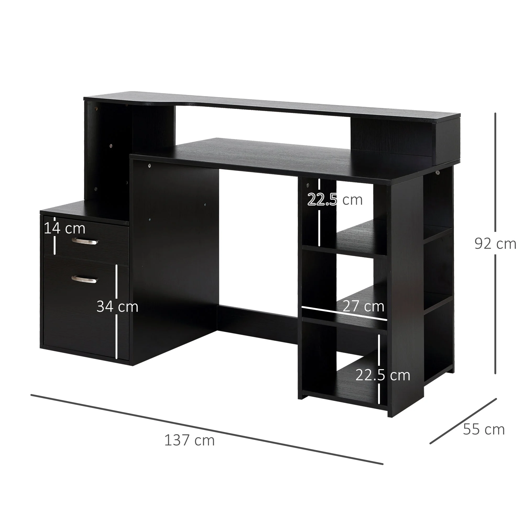 Computer Desk Study Table Modern Home Office Writing Workstation Furniture Printer Shelf Rack w/ Storage Drawer & Shelves Black - Image 3