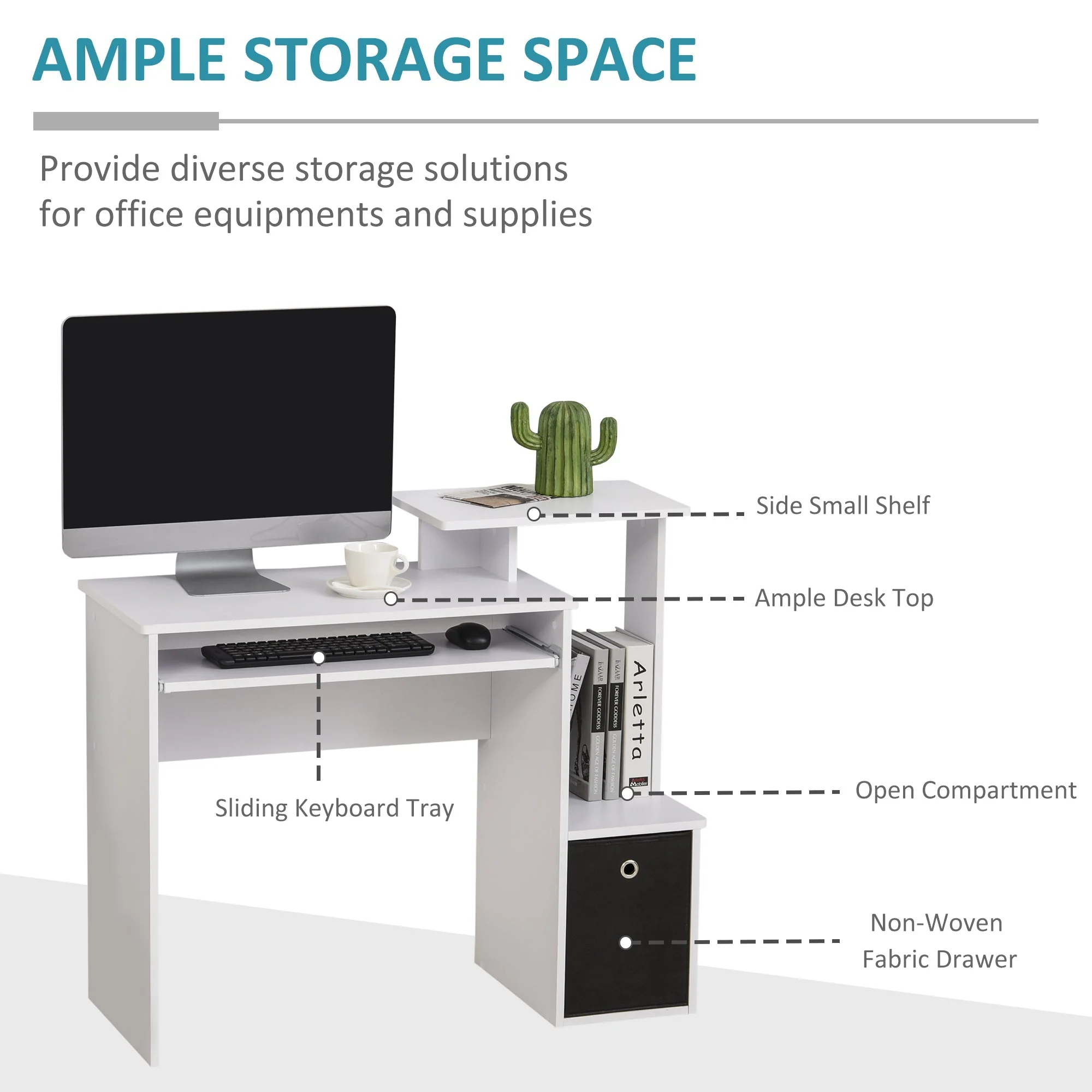 Computer Desk with Sliding Keyboard Tray Storage Drawer Shelf Home Office Workstation White - Image 3