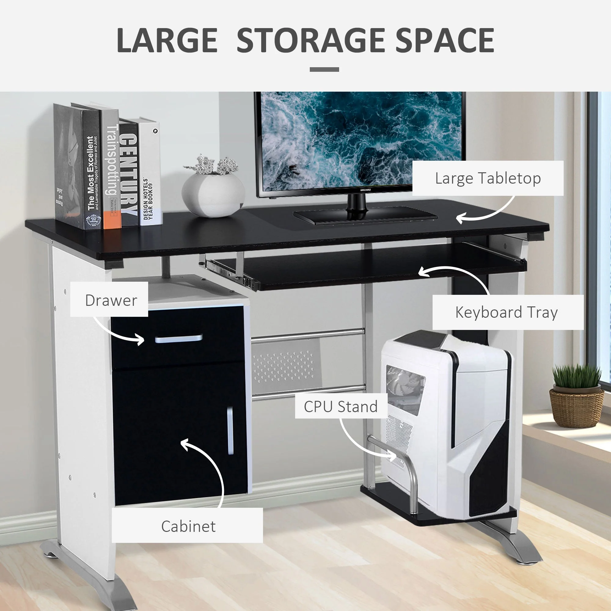 Computer Desk with Sliding Keyboard Tray Storage Drawers and Host Box Shelf Home Office Workstation Black - Image 4