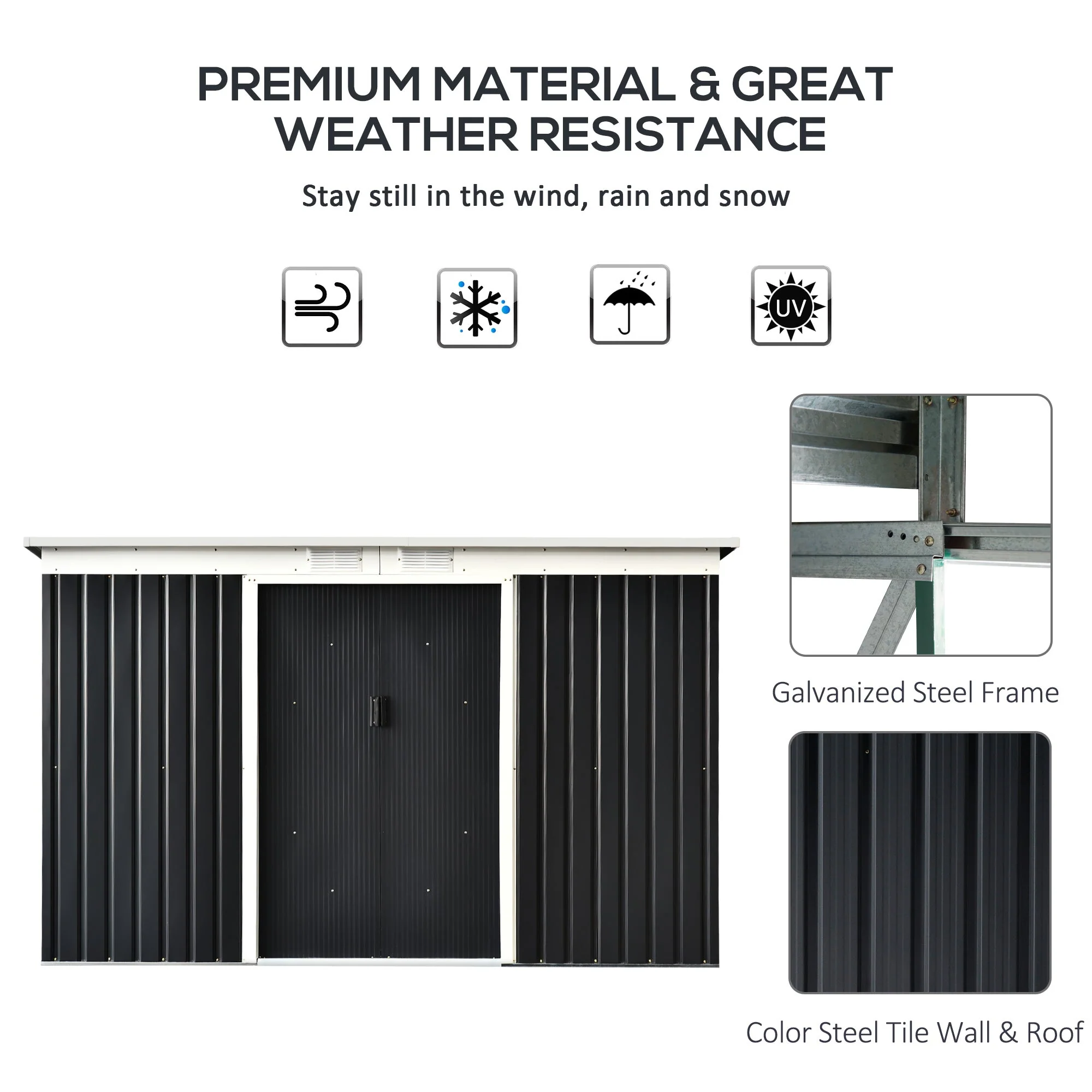 Corrugated 9 x 4' Double Door Pent Garden Shed With Ventilation Steel Dark Grey by Steadfast - Image 4