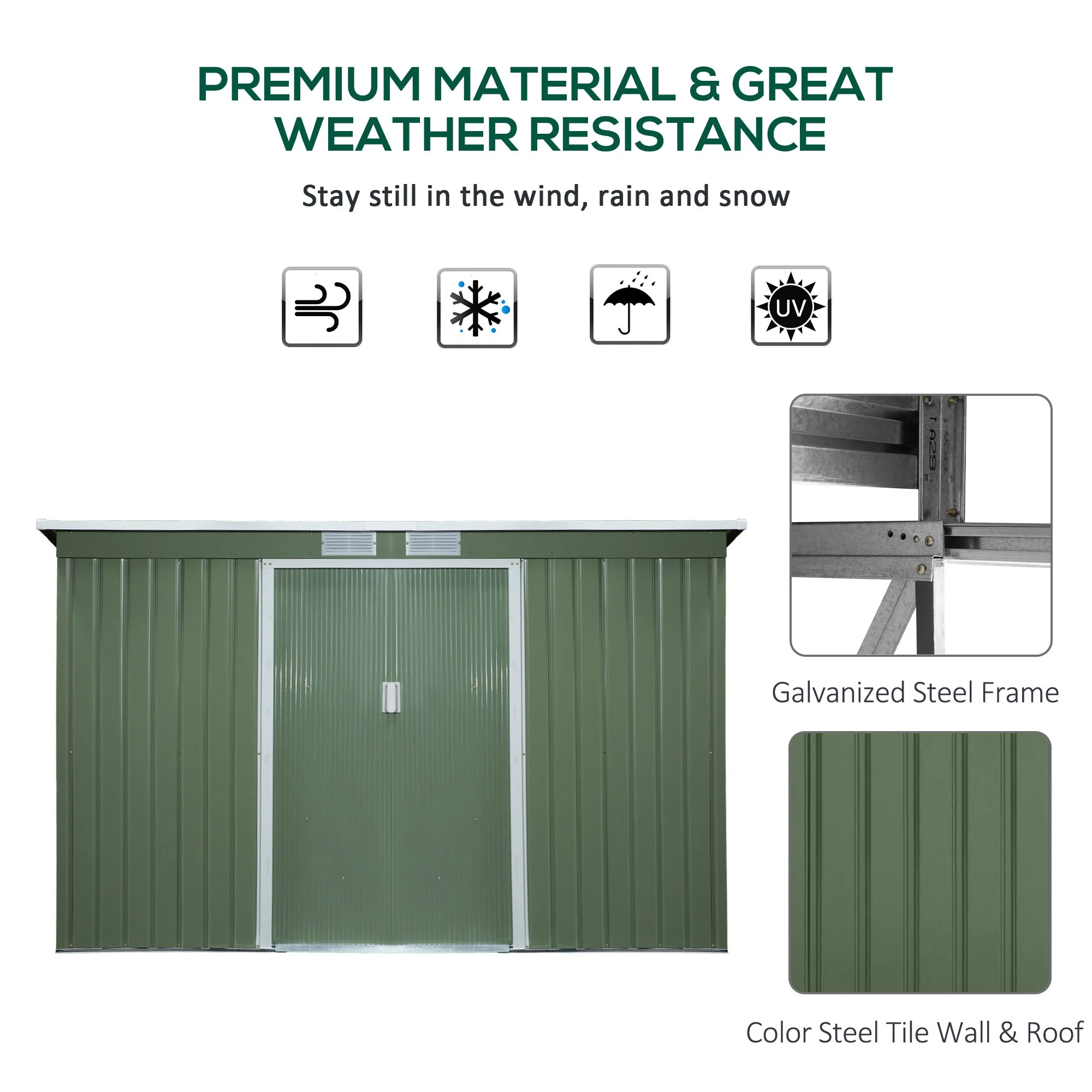 Corrugated 9 x 4' Double Door Pent Garden Shed With Ventilation Steel Light Green by Steadfast - Image 4
