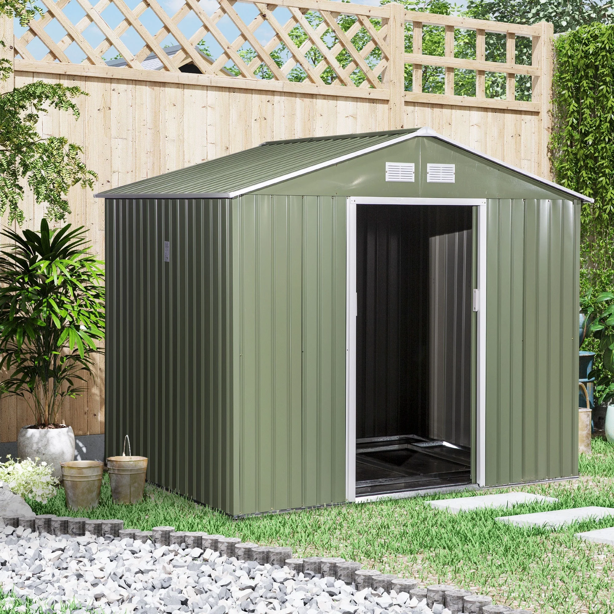 Corrugated 9 x 6' Double Door Reverse Apex Garden Shed With Ventilation Steel Green by Steadfast - Image 2