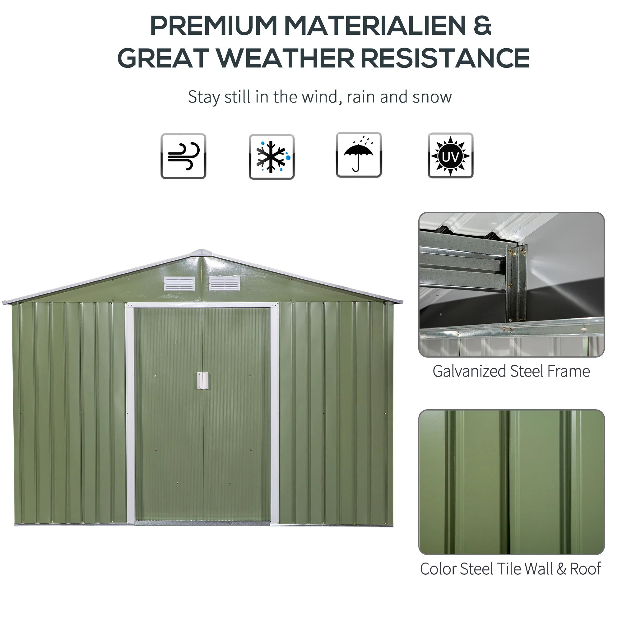 Corrugated 9 x 6' Double Door Reverse Apex Garden Shed With Ventilation Steel Green by Steadfast - Image 4