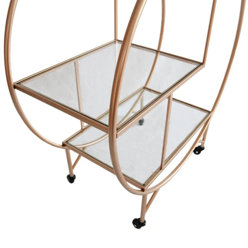 Deco Bar Cart Metal & Glass Rose Gold 2 Shelves - Image 4