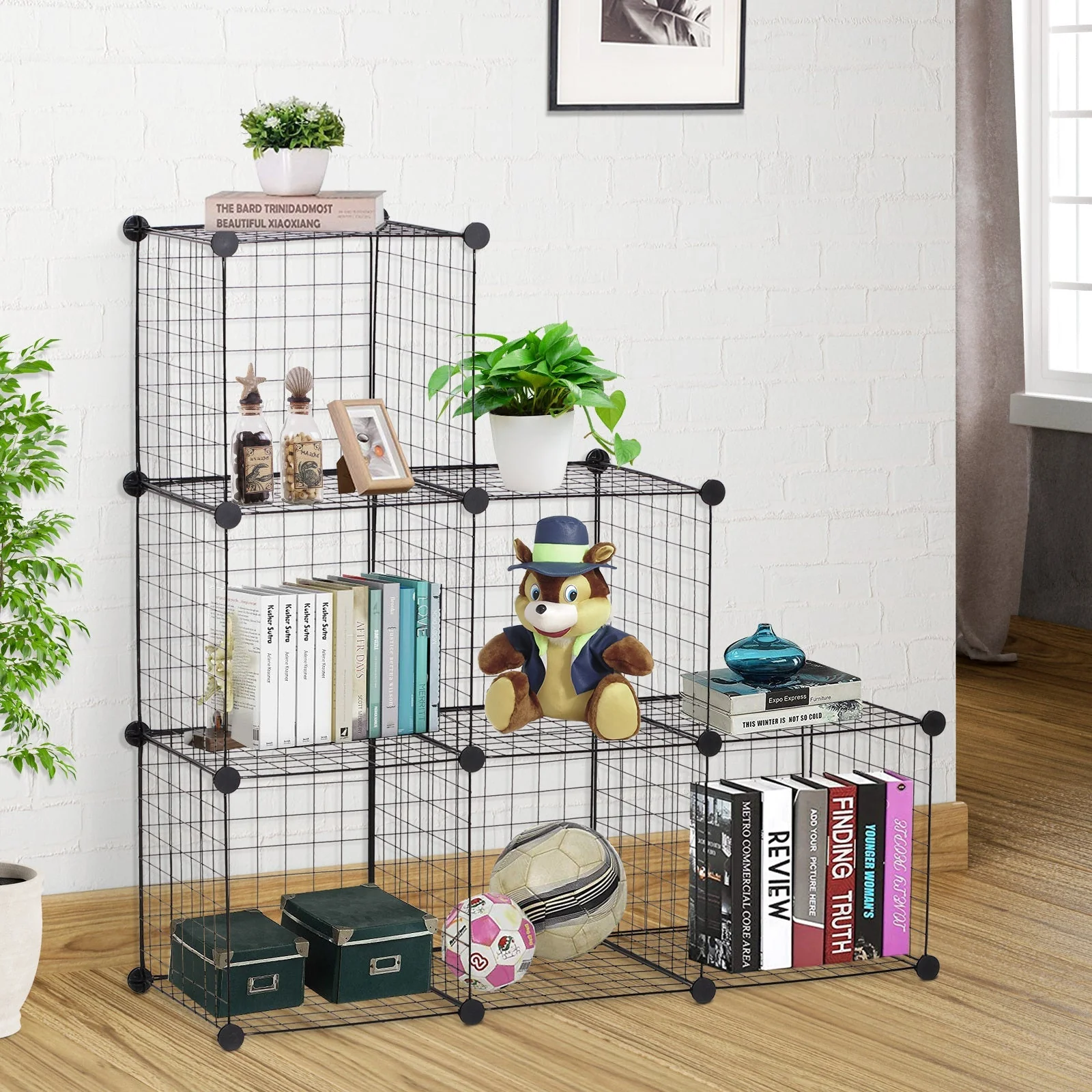 DIY 6 Cube Metal Wire Rack Interlocking Storage Cabinet Living Room Organiser Display Shelves Black - Image 2