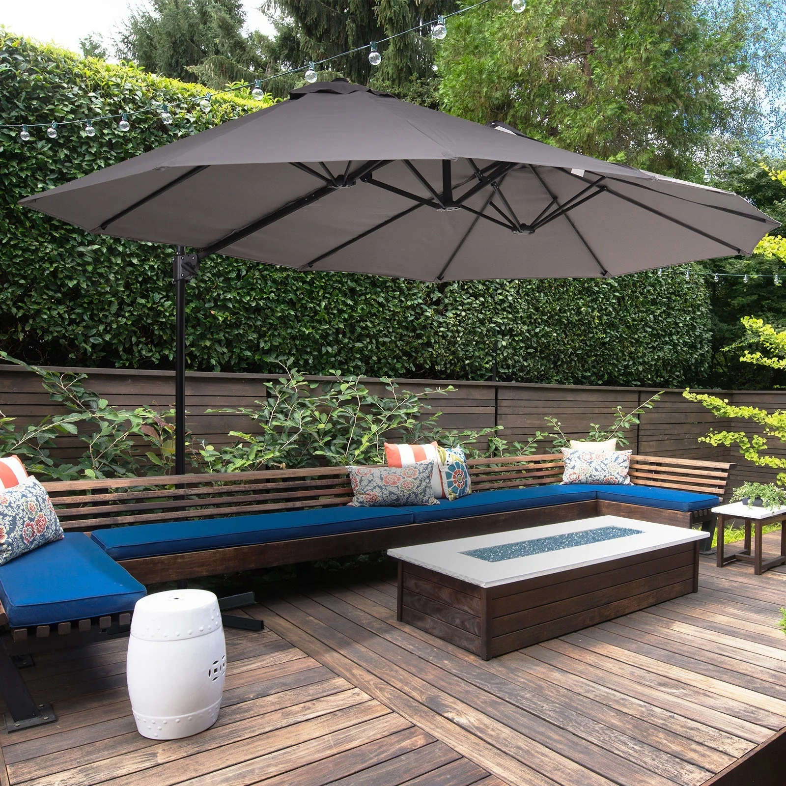 Double Canopy Offset Parasol Umbrella Garden Shade w/ Steel Pole 12 Ribs Grey - Image 2