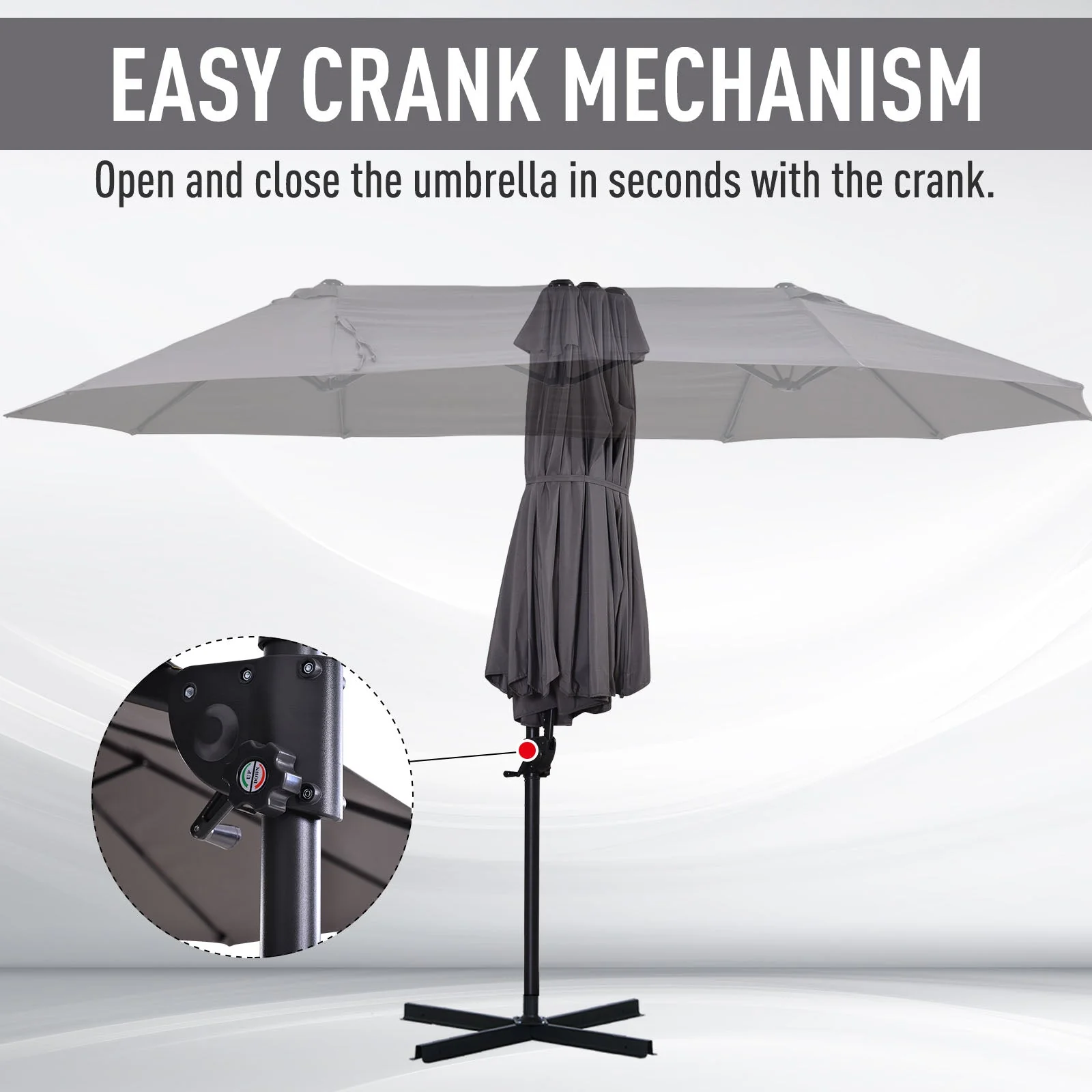 Double Canopy Offset Parasol Umbrella Garden Shade w/ Steel Pole 12 Ribs Grey - Image 6