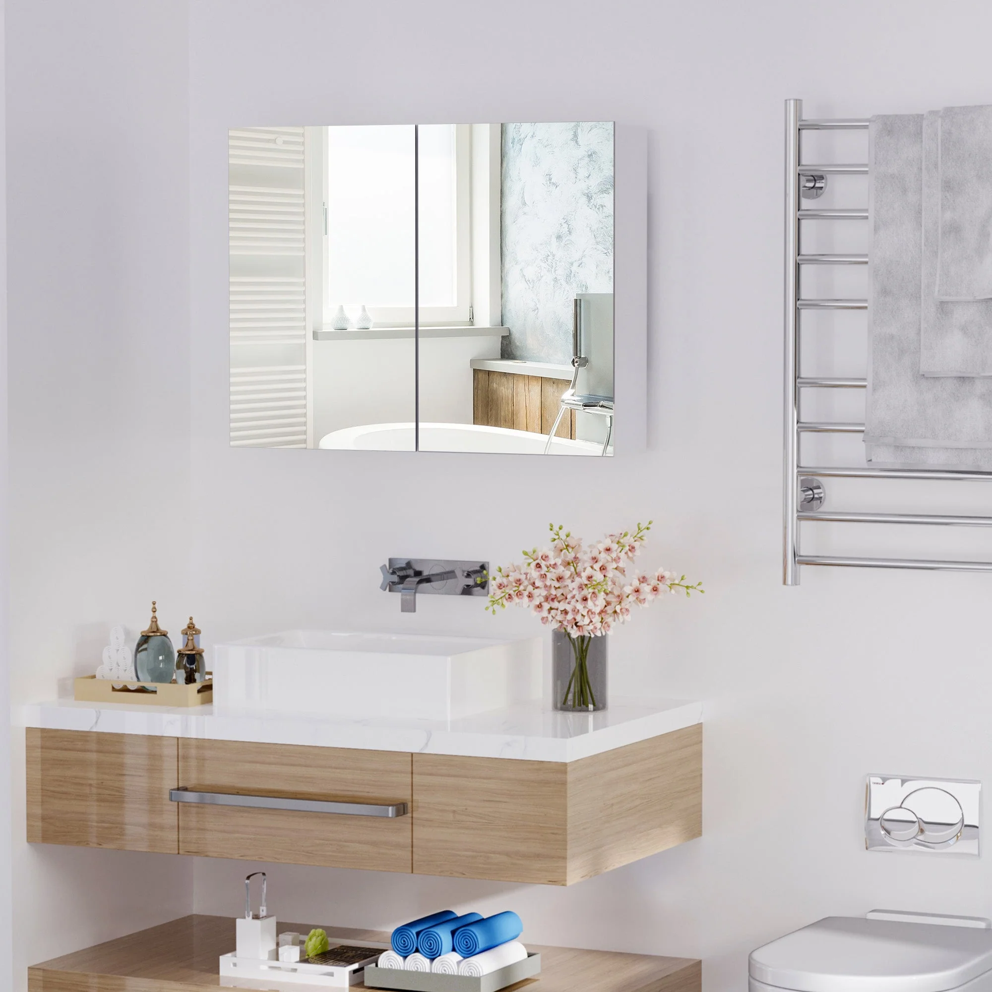 Double Door Wall Mounted Glass Mirror Cabinet Modern Storage Unit Bathroom Shelf Organiser Waterproof Wooden Frame 80Wx15Dx60Hcm - Image 2