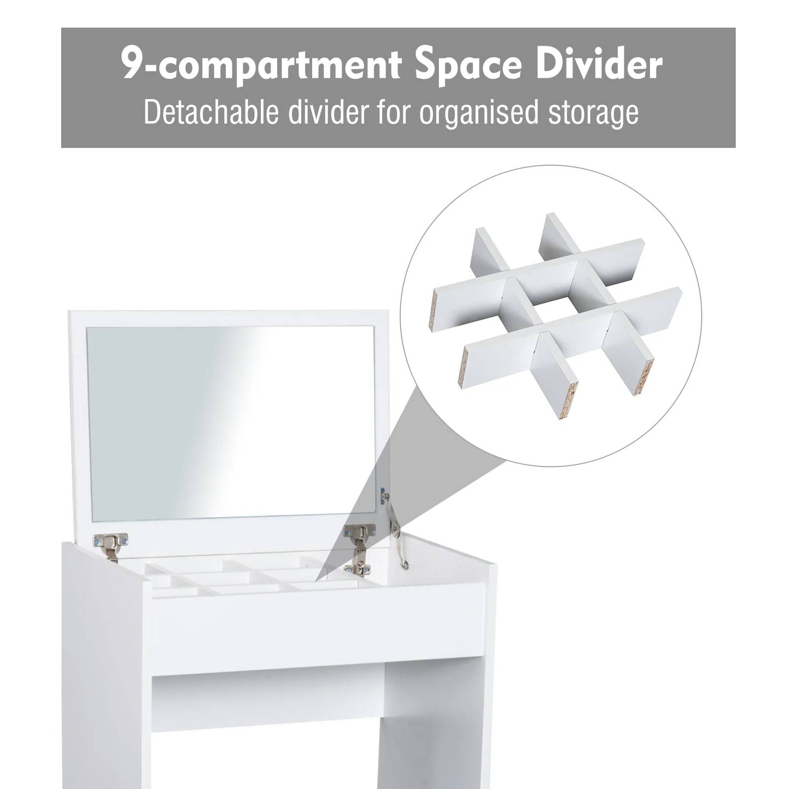 Dressing Table Set Padded Stool Dresser with Flip-up Mirror Multi-purpose - White - Image 6