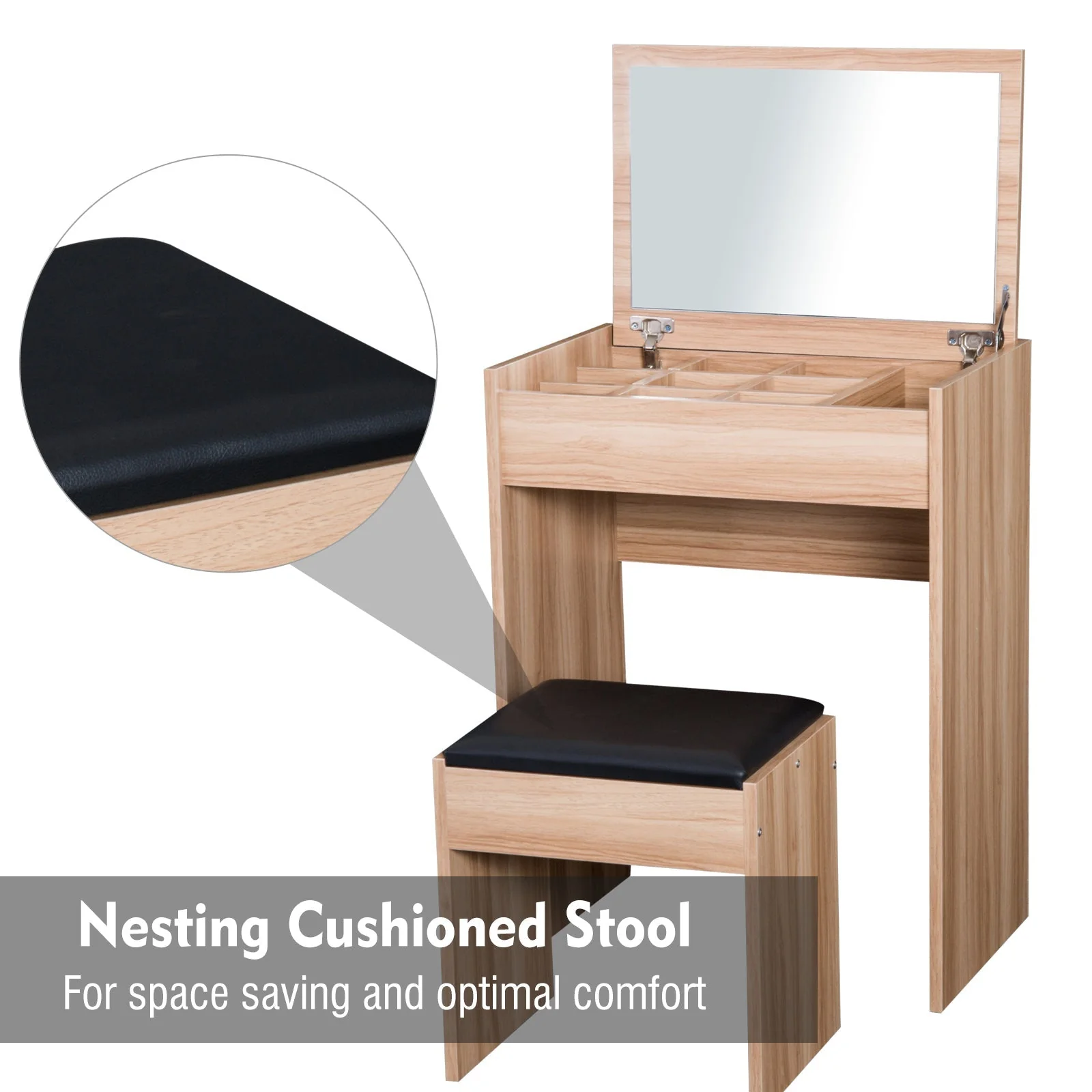 Dressing Table Set Padded Stool Dresser with Flip-up Mirror Multi-purpose - Wood Grain - Image 6