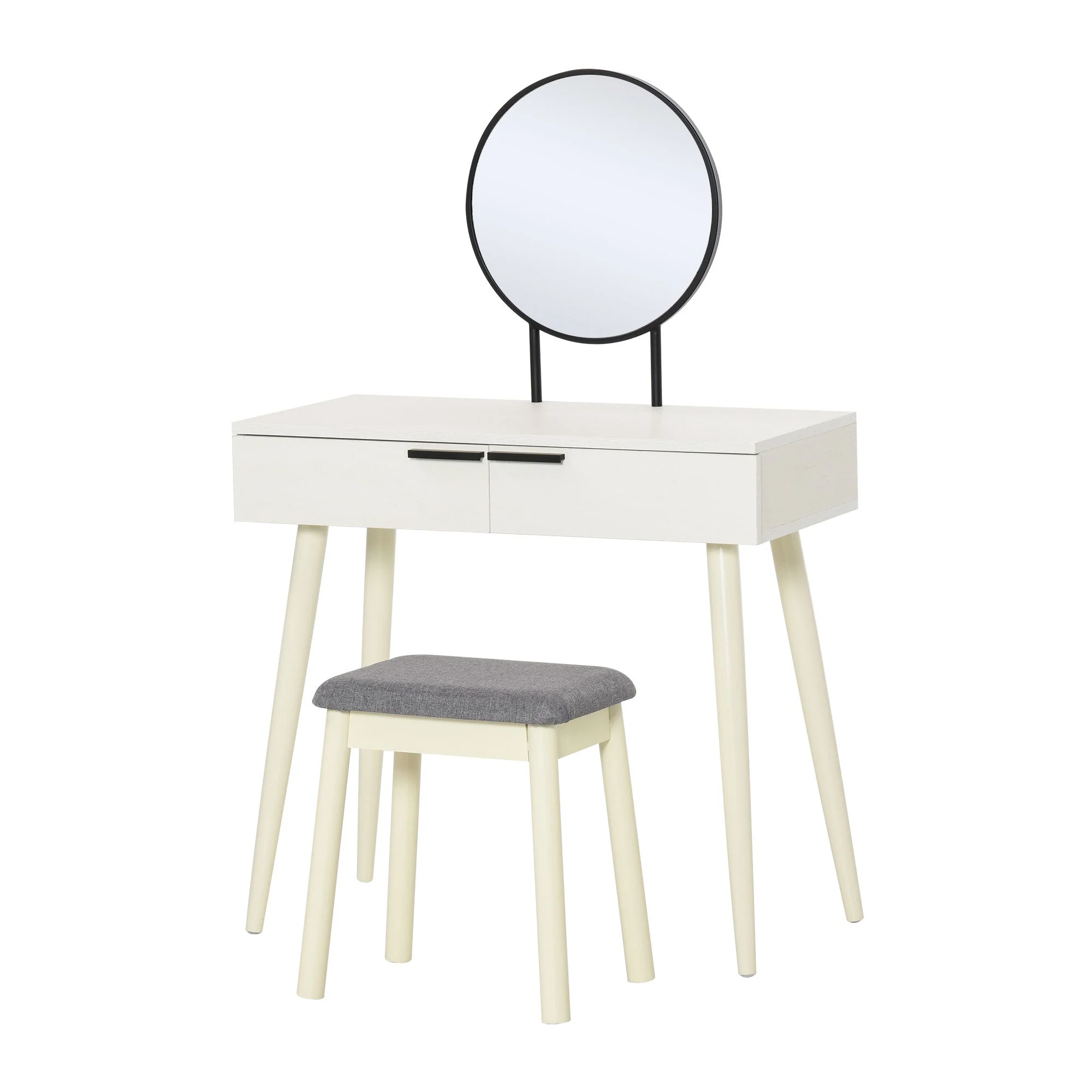 Dressing Table Vanity Set Makeup Desk with Round Mirror Cushioned Stool 2 Drawers for Bedroom Jewelry Storage Set - Image 2